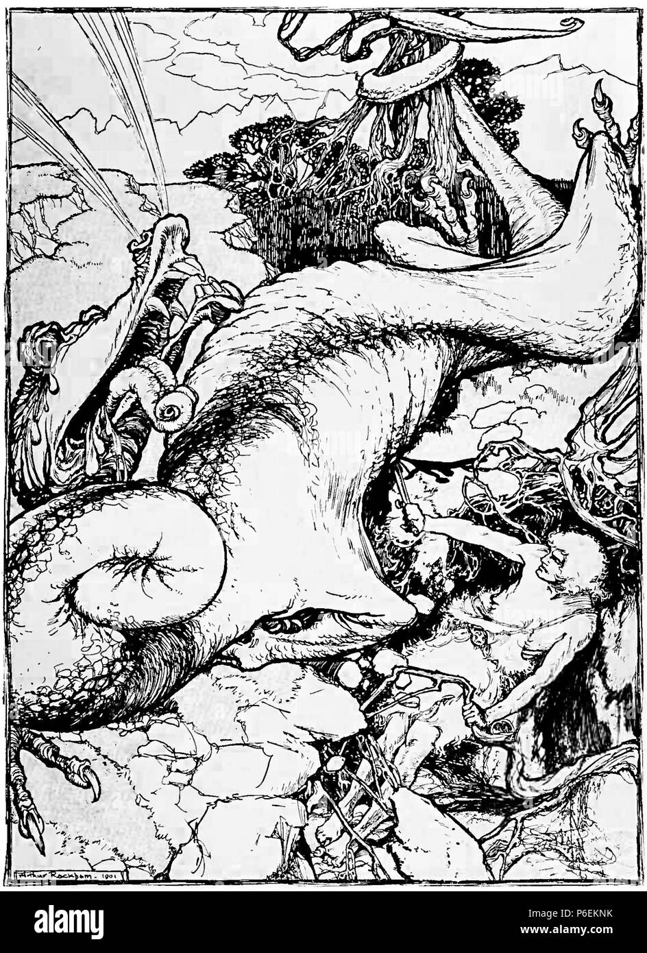 Englisch: 'Sigurd ihn mit seinem Schwert durchbohrt, und er starb" von Arthur Rackham. Die legendären Nordischen Helden Sigurd tötet den Drachen Fafnir. 1901 74 Sigurd durchbohrt ihn mit seinem Schwert (1901) von Arthur Rackham Stockfoto