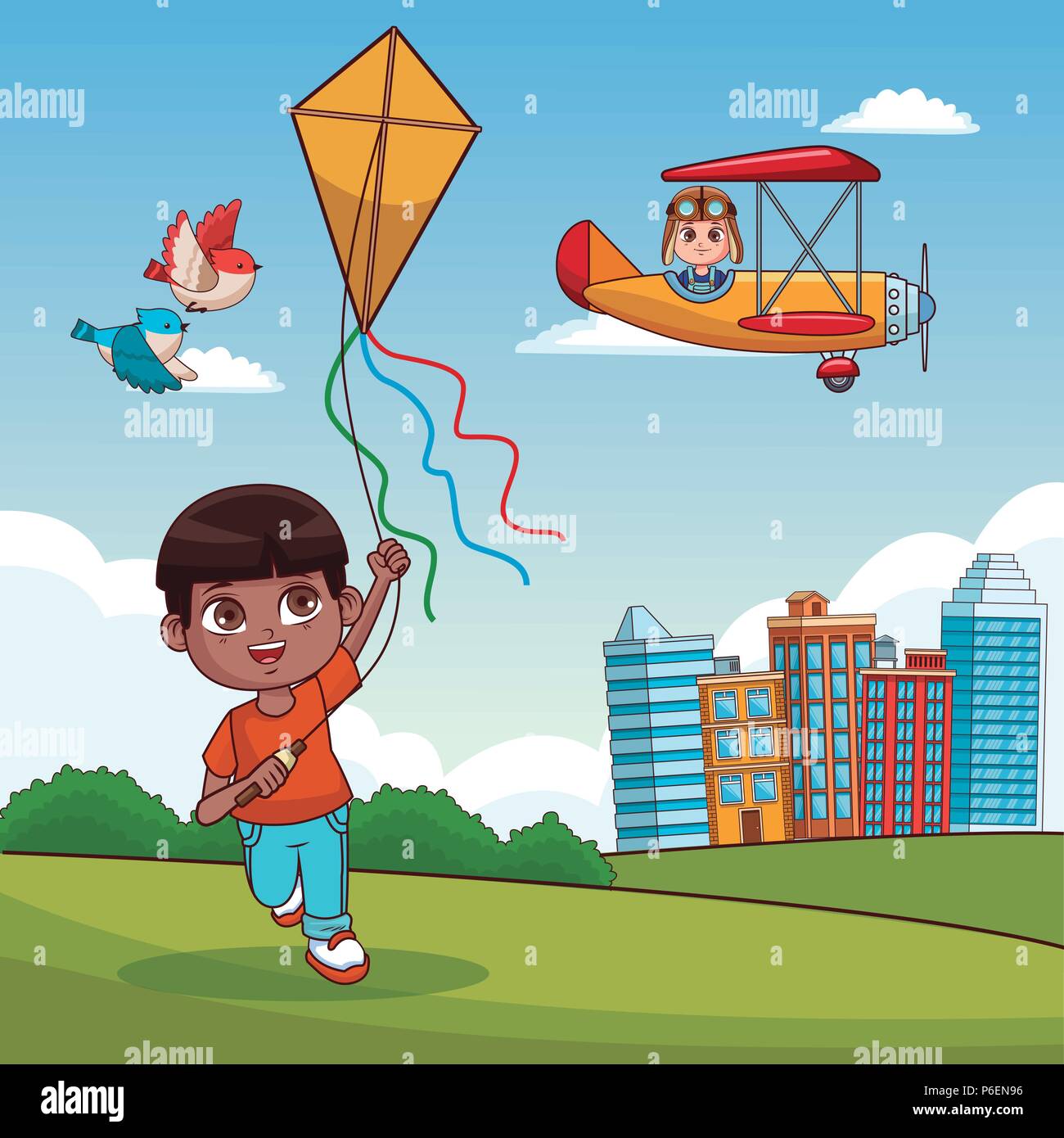 Cute boy Flying a Kite mit Freunden im Park Vector Illustration graphic design Stock Vektor