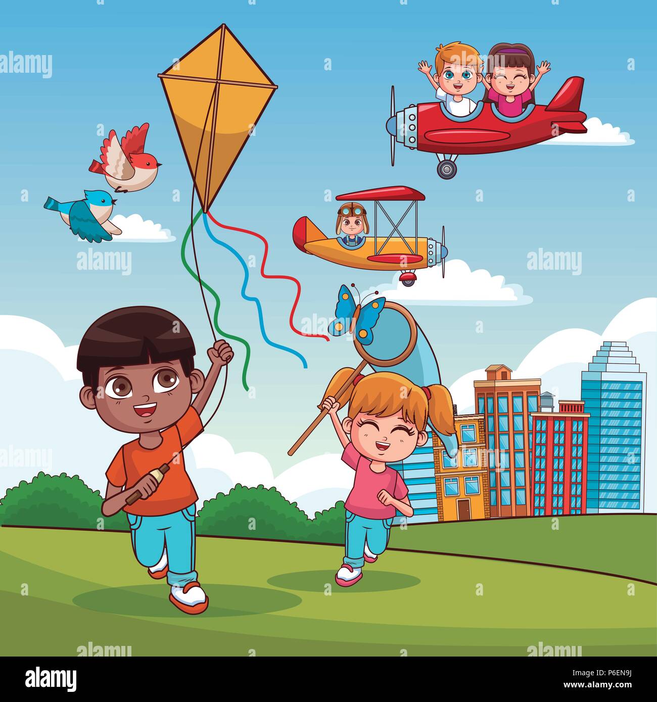 Cute boy Flying a Kite mit Freunden im Park Vector Illustration graphic design Stock Vektor