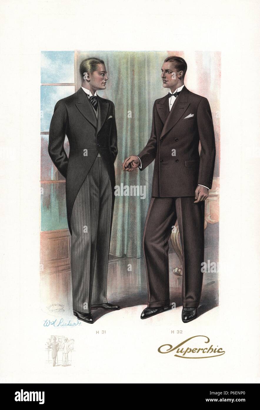 Mann in formale Abnutzung mit Long-tailed Jacke über Gestreifte Hose und Mann im Zweireiher mit breiten Revers. Farbe gedruckt Mode Platte von W. A. Richards aus dem Winter Katalog der Superchic, London, 1929. Stockfoto