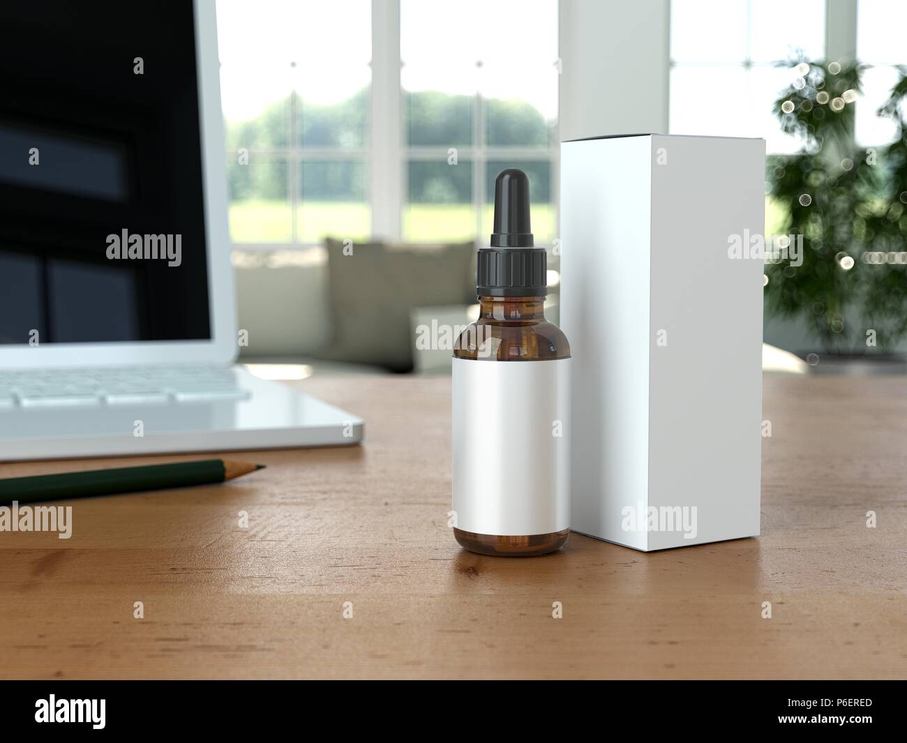 Dropper Flasche mit Box auf dem Tisch Mock-Up - leeres Etikett Stockfoto