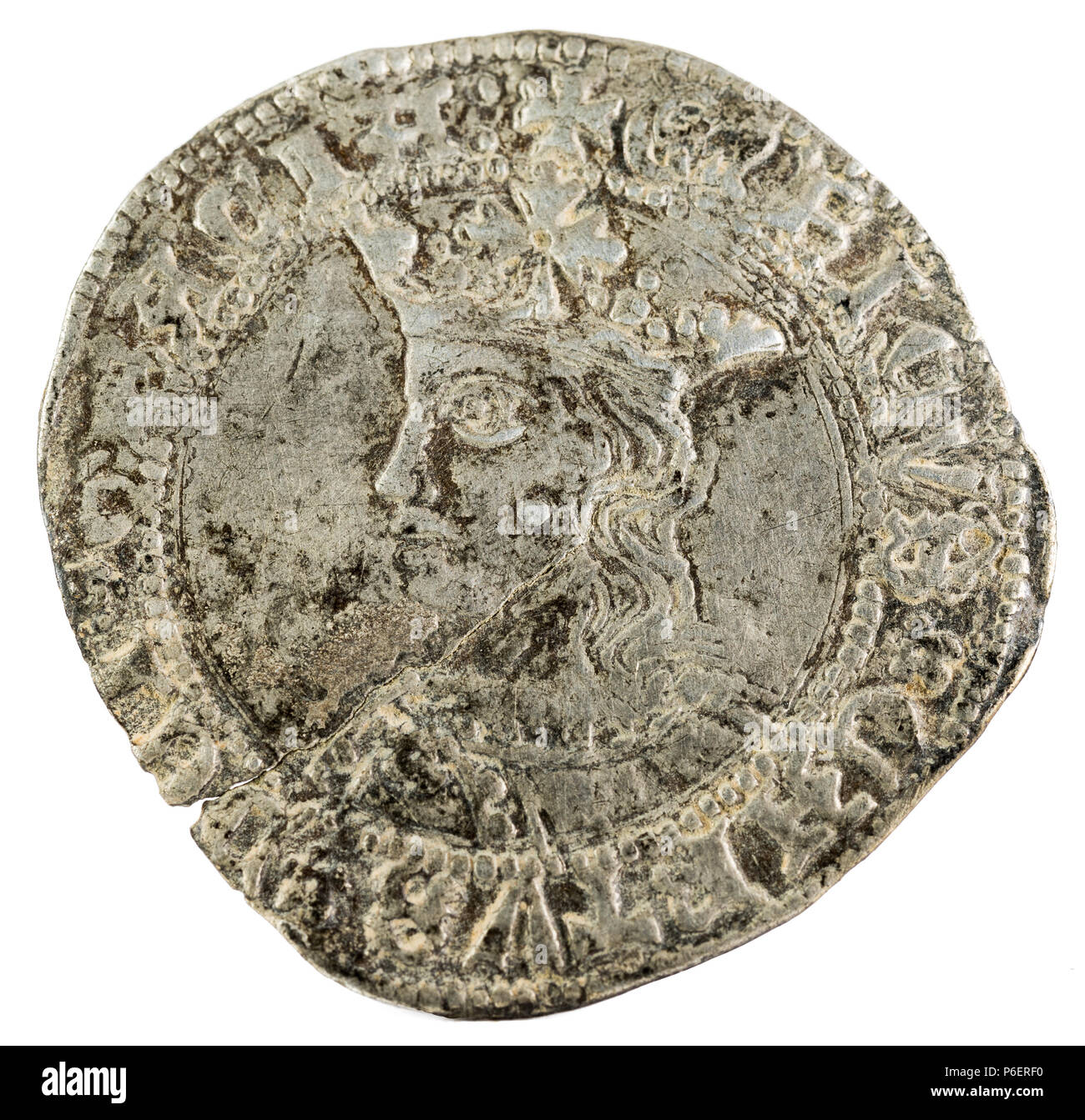 Alte mittelalterliche Silber Münze des Königs Enrique IV. Real. In Toledo geprägt. Spanien. Vorderseite. Stockfoto