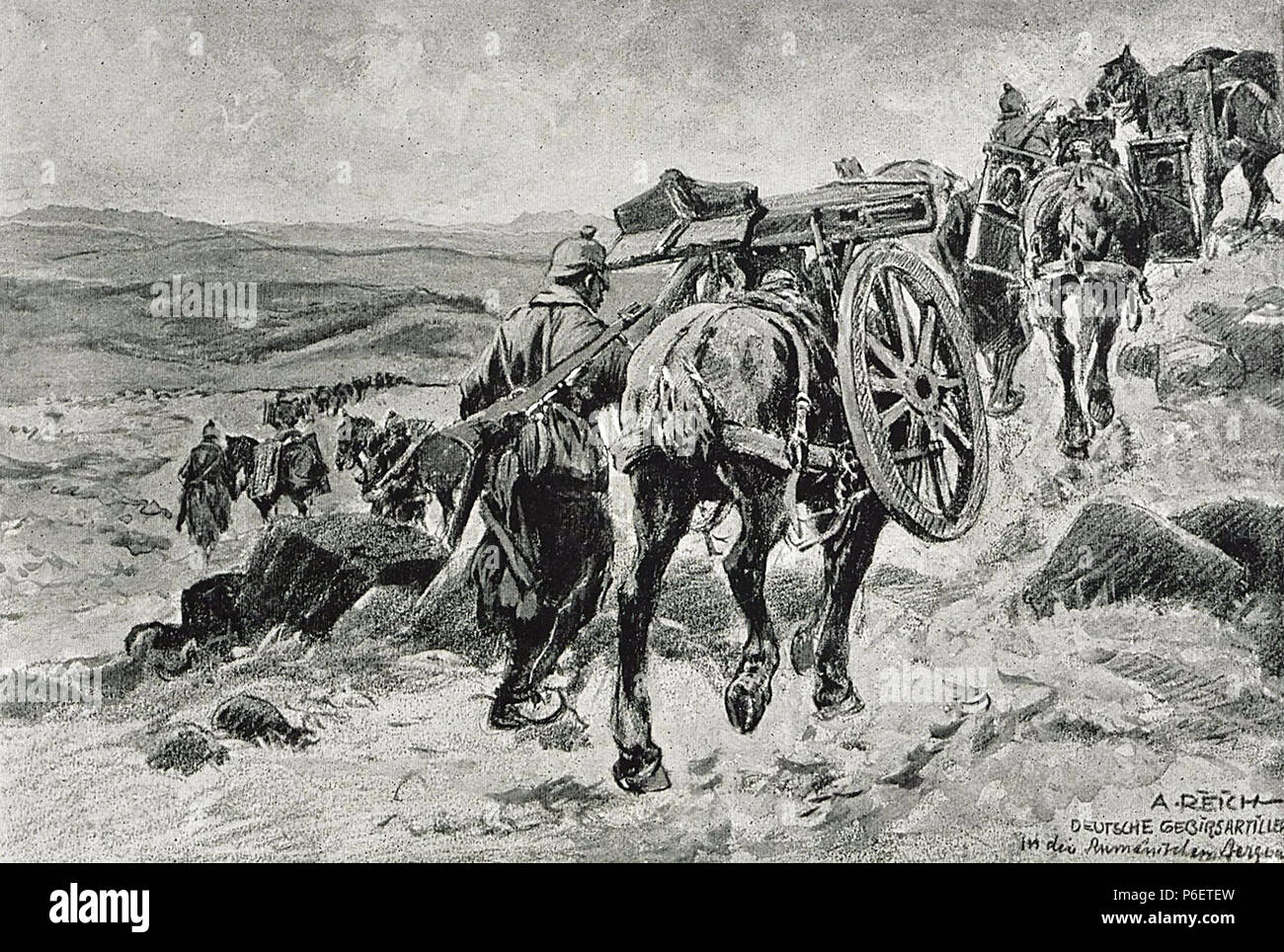 . Foto 1916 - Albert Reich - Valea Oltului - artilerie De Munte germana im Mars sprevVarfurile Suru si Cozia p32.jpg zwischen 1916 und 1917 2 1916 - Albert Reich - Valea Oltului - artilerie De Munte germana im Mars sprevVarfurile Suru si Cozia p32 Stockfoto