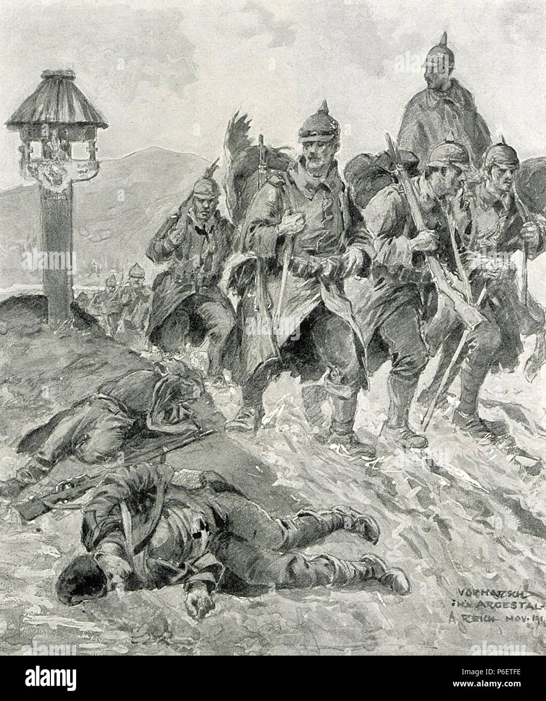 . Român: Arges, trupe relevant in Mars pe Valea Argesului English: Vormarsch im Argestal Englisch: Advace in Arges tal November 1916 1 1916 - Albert Reich - Arges, trupe relevant in Mars pe Valea Argesului p40 Stockfoto