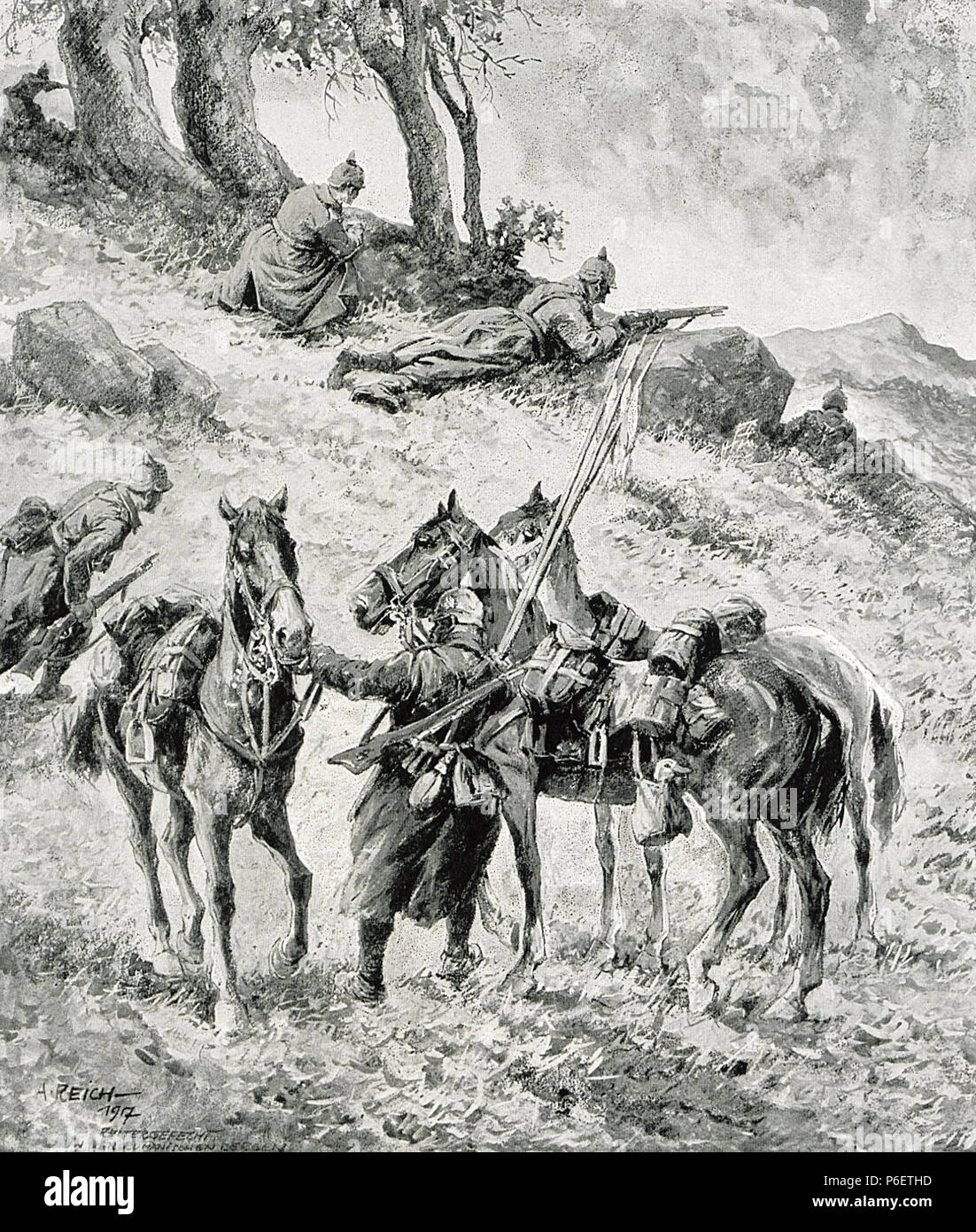 . Român: Batalia de la Ramnicu Sarat, cavalerie Germana im lupta English: Reitergefecht in den rumänischen Bergen Englisch: Kavallerie kämpfen in den rumänischen Bergen 1917 1 1916 - Albert Reich - Batalia de la Ramnicu Sarat, cavalerie Germana im lupta p54 Stockfoto