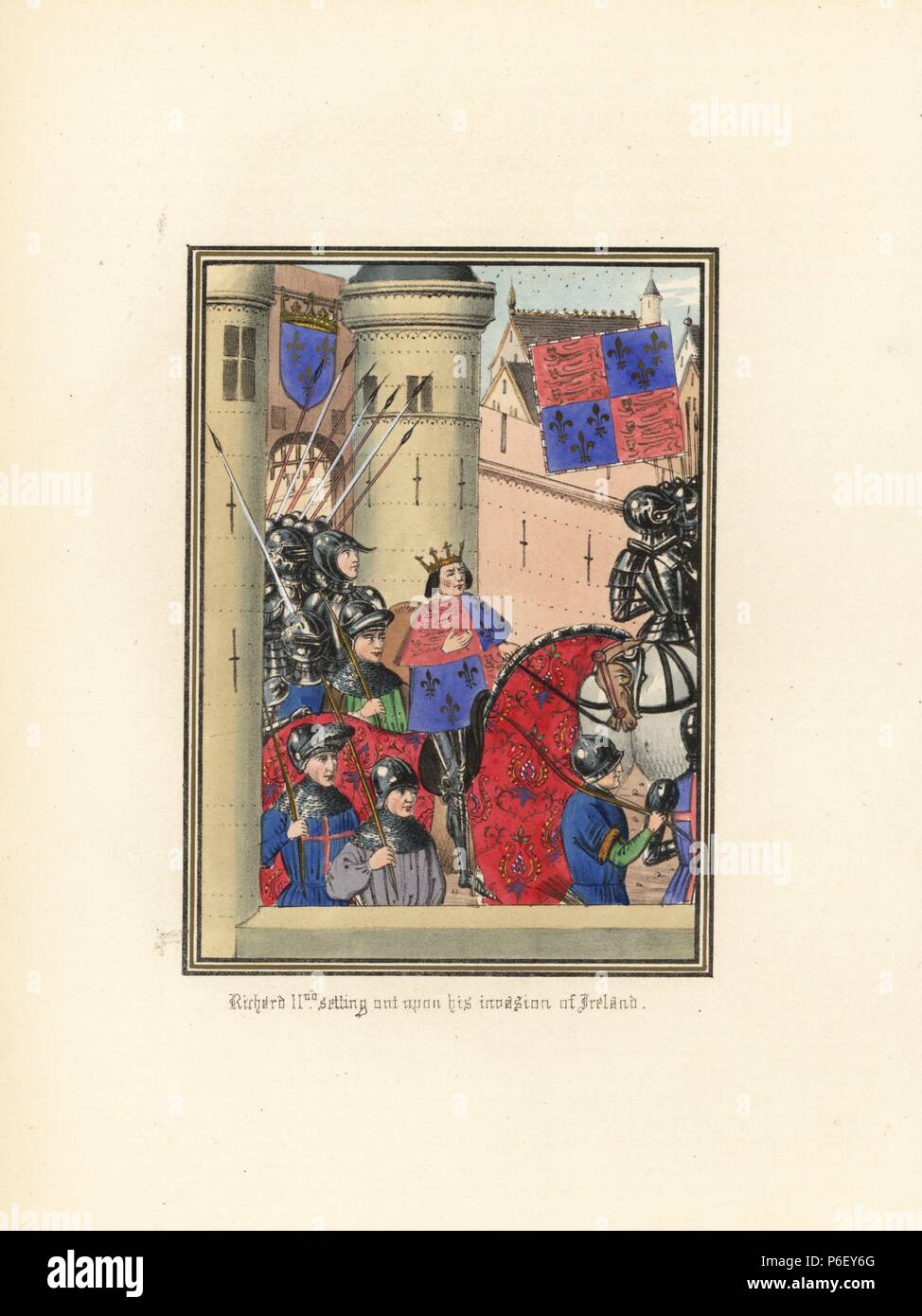 König Richard II., mit seinem Ritter in Rüstung auf seinem Einmarsch in Irland, 1394. Handkoloriert Lithografie nach einem beleuchteten Manuskript von Sir John's Froissart 'Chroniken von England, Frankreich, Spanien und den angrenzenden Ländern, von der zweiten Hälfte der Regierungszeit von Edward II. an der Krönung von Heinrich IV., 'George Routledge, London, 1868. Stockfoto