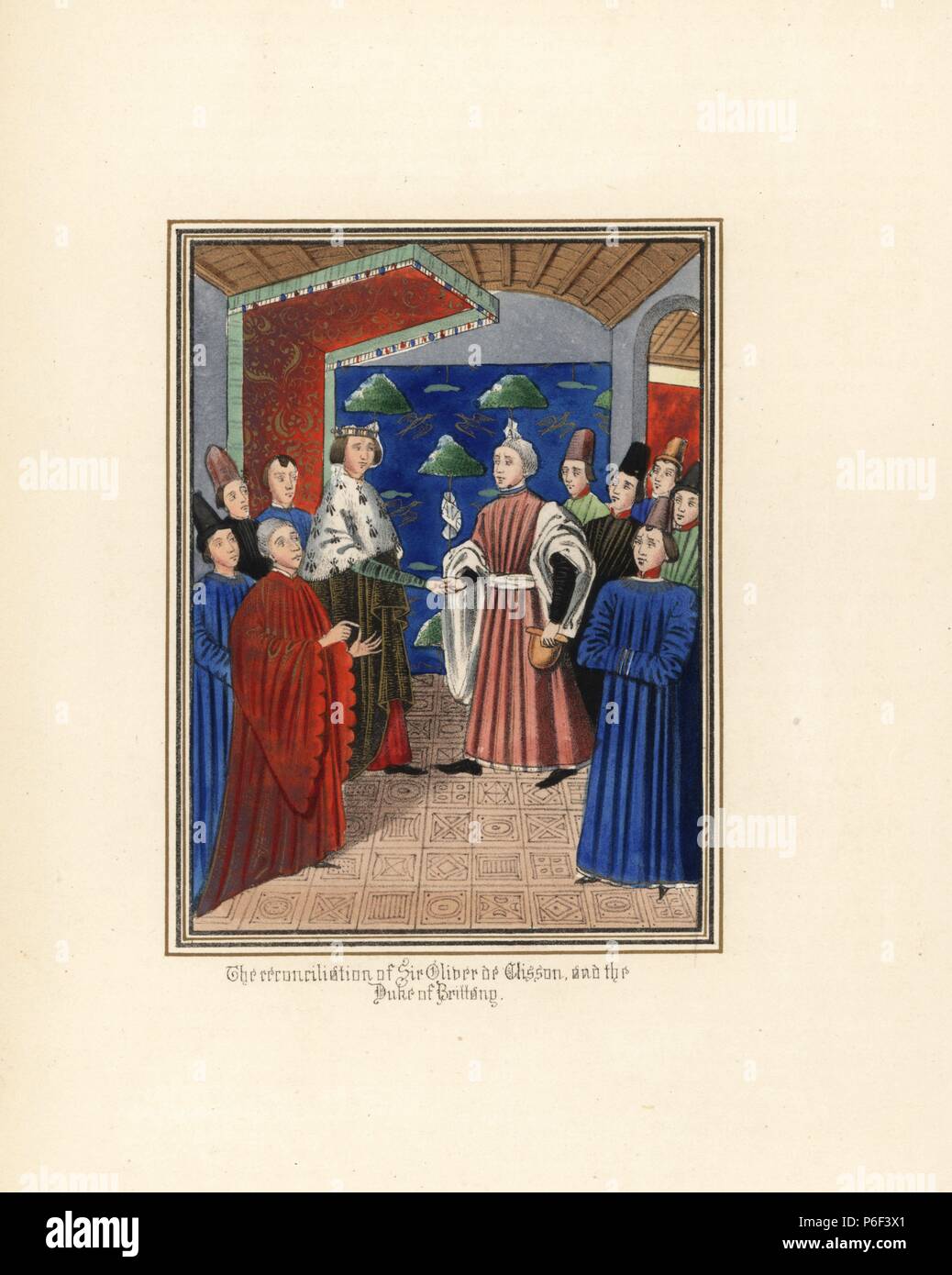 Die Versöhnung von Sir Oliver de Clisson und John de Montfort, Herzog von Bretagne, 1397. Papierkörbe Lithografie nach einem beleuchteten Manuskript von Sir John's Froissart 'Chroniken von England, Frankreich, Spanien und den angrenzenden Ländern, von der zweiten Hälfte der Regierungszeit von Edward II. an der Krönung von Heinrich IV., 'George Routledge, London, 1868. Stockfoto