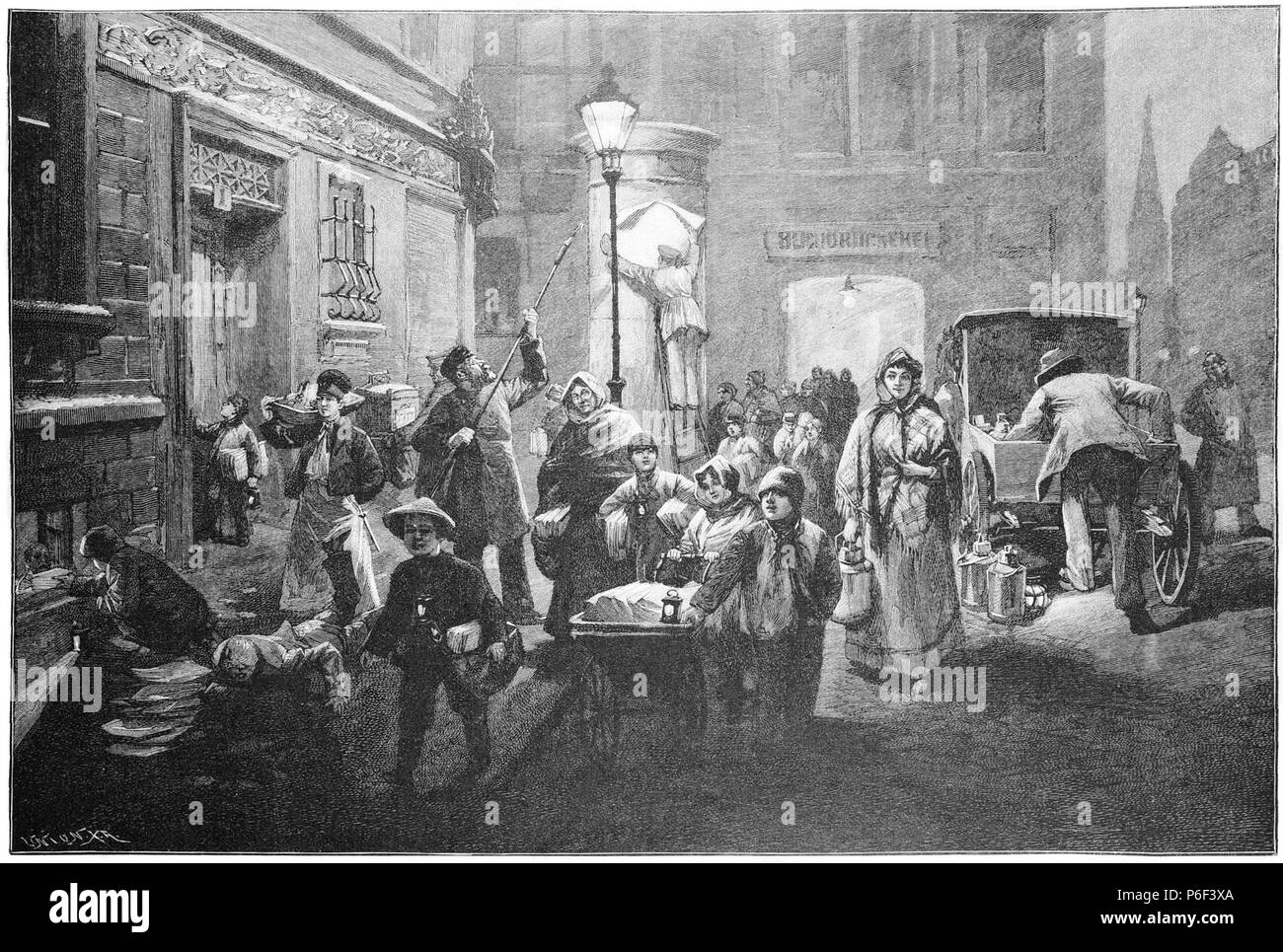 . Gartenlaube sterben. Bild aus Seite 081 in 'Die Gartenlaube'. Bild von Seite 081 der Zeitschrift Die Gartenlaube, 1897. English: Bildunterschrift: "Wintermorgen in der Großstadt. Nach dem Leben gezeichnet von Fritz Gehrke." Englisch: Bildunterschrift: "Wintermorgen in der Großstadt. Nach dem Leben gezeichnet von Fritz Gehrke.". N/A 33 Gartenlaube (1897) b081 Sterben Stockfoto