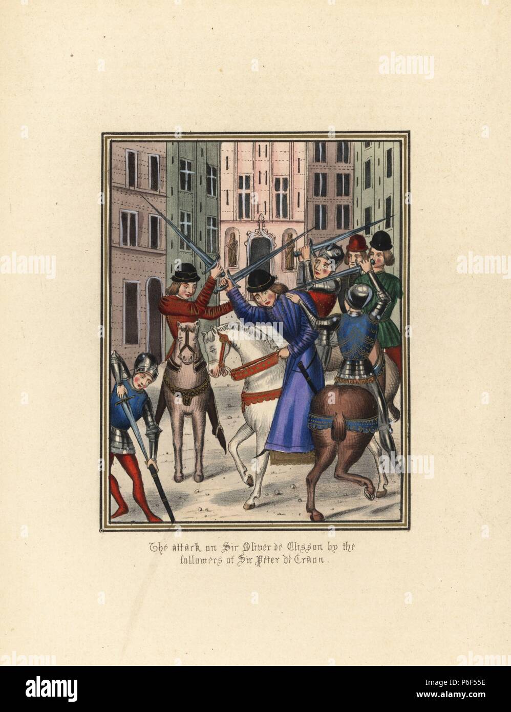 Sir Olivier de Clisson waylaid und schwer in einem Angriff in Paris durch die Anhänger von Sir Peter de Craon, 1392 verwundet. Papierkörbe Lithografie nach einem beleuchteten Manuskript von Sir John's Froissart 'Chroniken von England, Frankreich, Spanien und den angrenzenden Ländern, von der zweiten Hälfte der Regierungszeit von Edward II. an der Krönung von Heinrich IV., 'George Routledge, London, 1868. Stockfoto