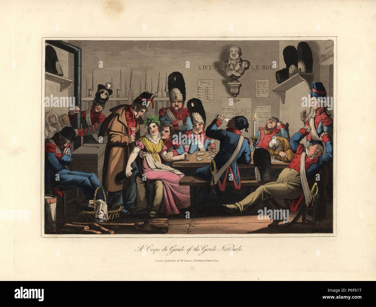 Der Nationalgarde im Corps de Garde trinken drams mit den weiblichen cantiniere, oder Likör Verkäufer, und Karten spielen. Gardisten in Uniform mit bärenfellmütze Hüte, mehrere betrunken und schläft, Tabakpfeifen. Papierkörbe aquatinta Gravur nach einer Abbildung gutgeschrieben Victor Auver von' eine Tour durch Paris, "William Sams, London, 1825. Stockfoto
