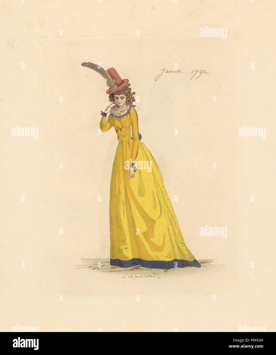 Französische Frau tragen die Mode von Januar 1792. Sie trägt einen Strohhut mit Federn, Perücke, Fichu (Halstuch), Kleid in Gelb mit blauen Bündchen an Ärmeln und Saum. Papierkörbe Radierung von Auguste Etienne Guillaumot jr. von 'Kostüme der Französischen Revolution, 1790-1793, "Bouton, New York, 1889. Aus der Sammlung von zeitgenössischen Kostüm Drucke von Victorien Sardou. Stockfoto