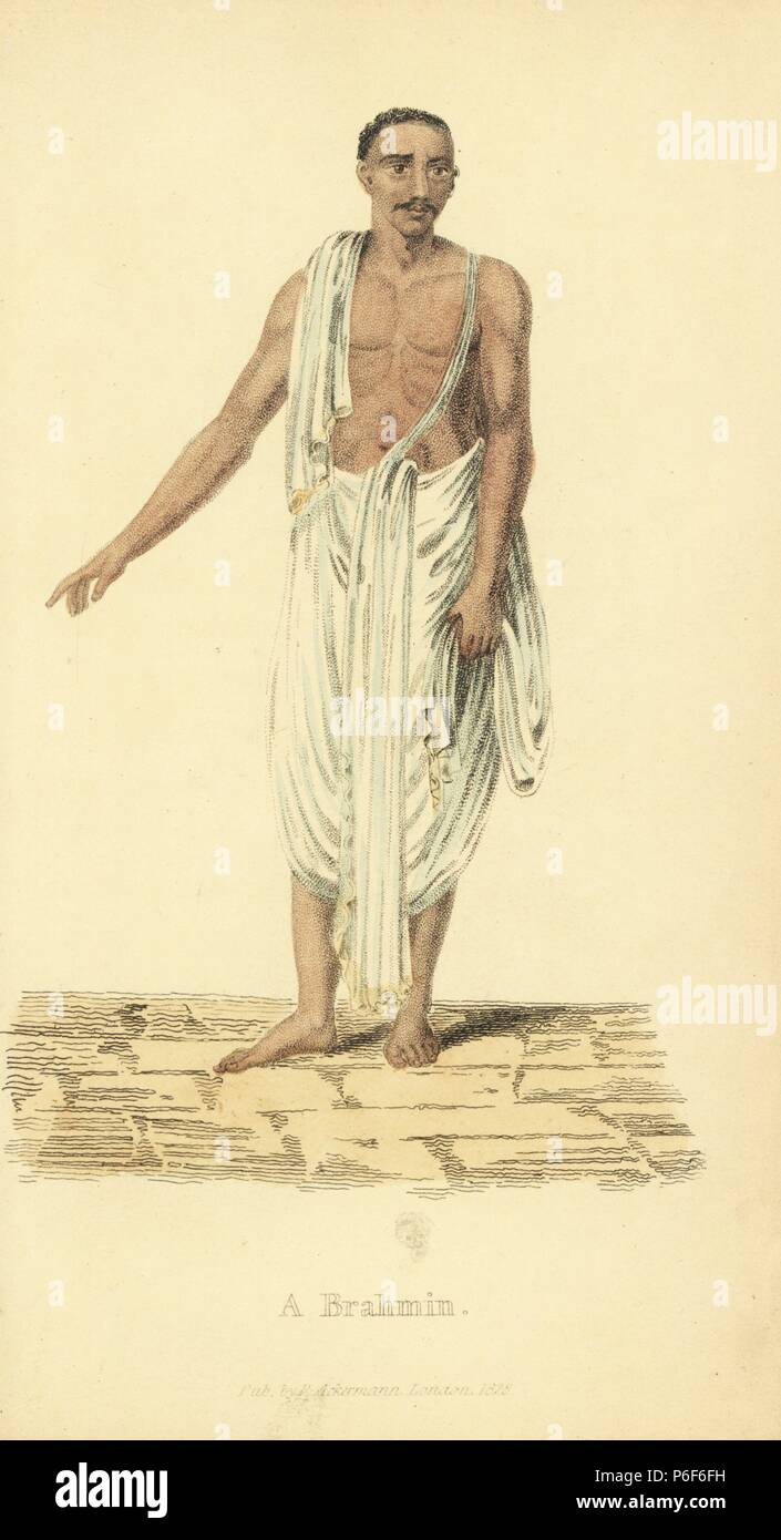 Brahmanen Kaste der Hindu, tragen Musselin Roben und gelben Fäden über die Schulter. Papierkörbe Kupferstich von einem unbekannten Künstler aus 'asiatischen Kostümen, "Ackermann, London, 1828. Stockfoto