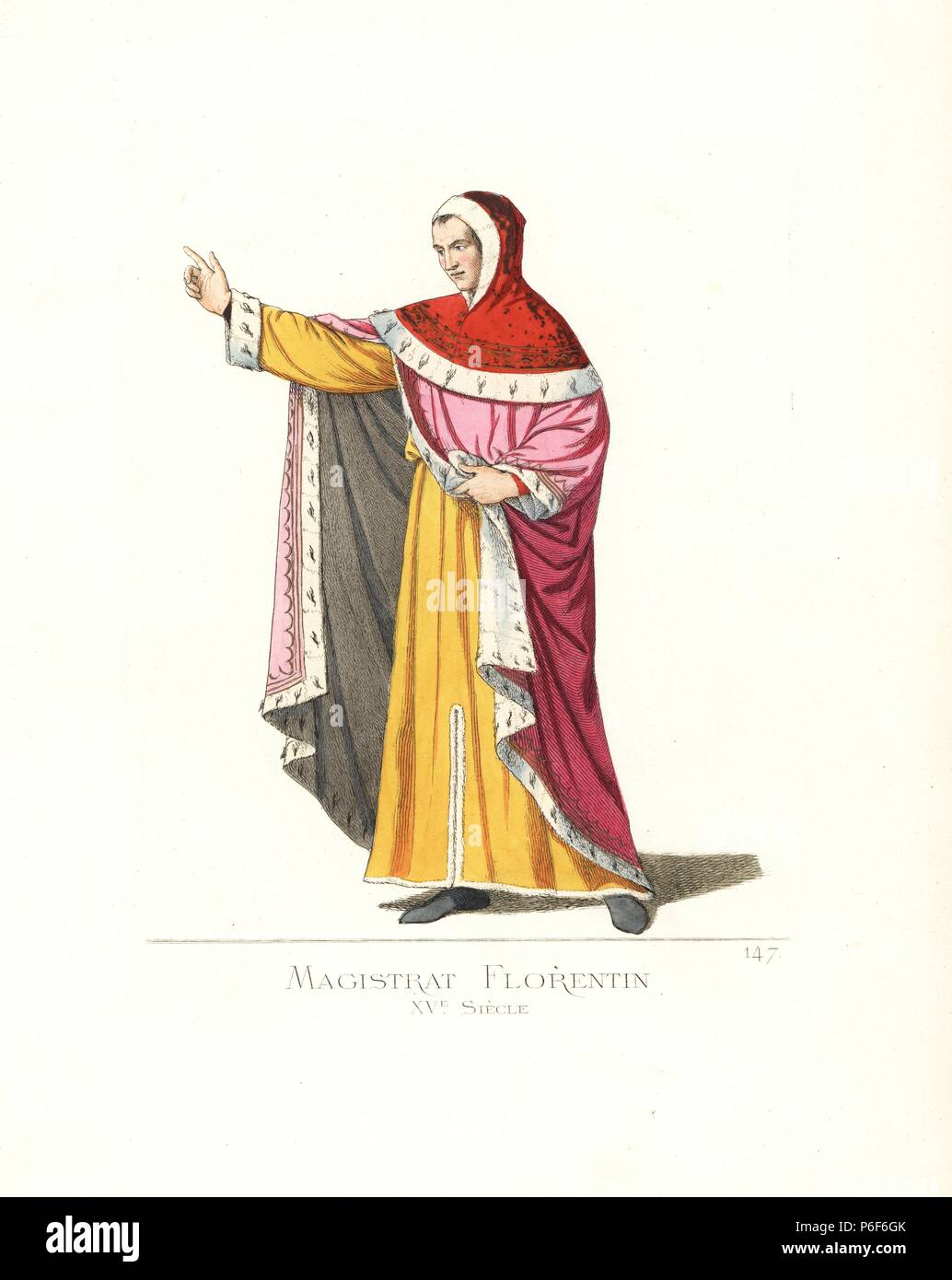 Kostüm einer Regierung Richter in Florenz, 15. Er trägt eine rote Haube,  rosa Cape und gelbe Tunika, die alle in Hermelin gesäumt. Von einer  Miniatur in einem Manuskript von Dante im Vatikan.