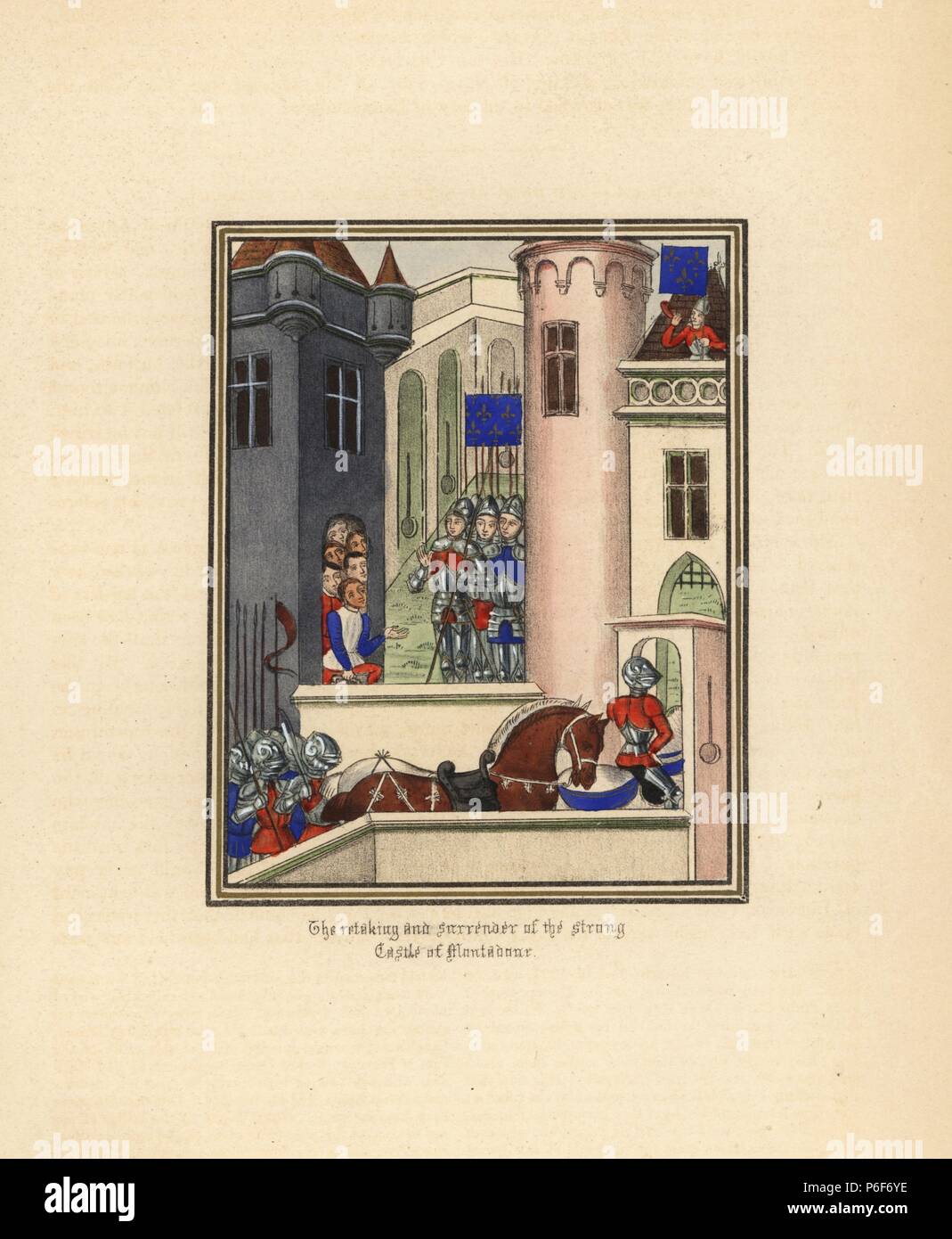 Die Wiederholung und die Herausgabe der starke Schloss von Montadour (Ventadour), 14. Papierkörbe Lithografie nach einem beleuchteten Manuskript von Sir John's Froissart 'Chroniken von England, Frankreich, Spanien und den angrenzenden Ländern, von der zweiten Hälfte der Regierungszeit von Edward II. an der Krönung von Heinrich IV., 'George Routledge, London, 1868. Stockfoto