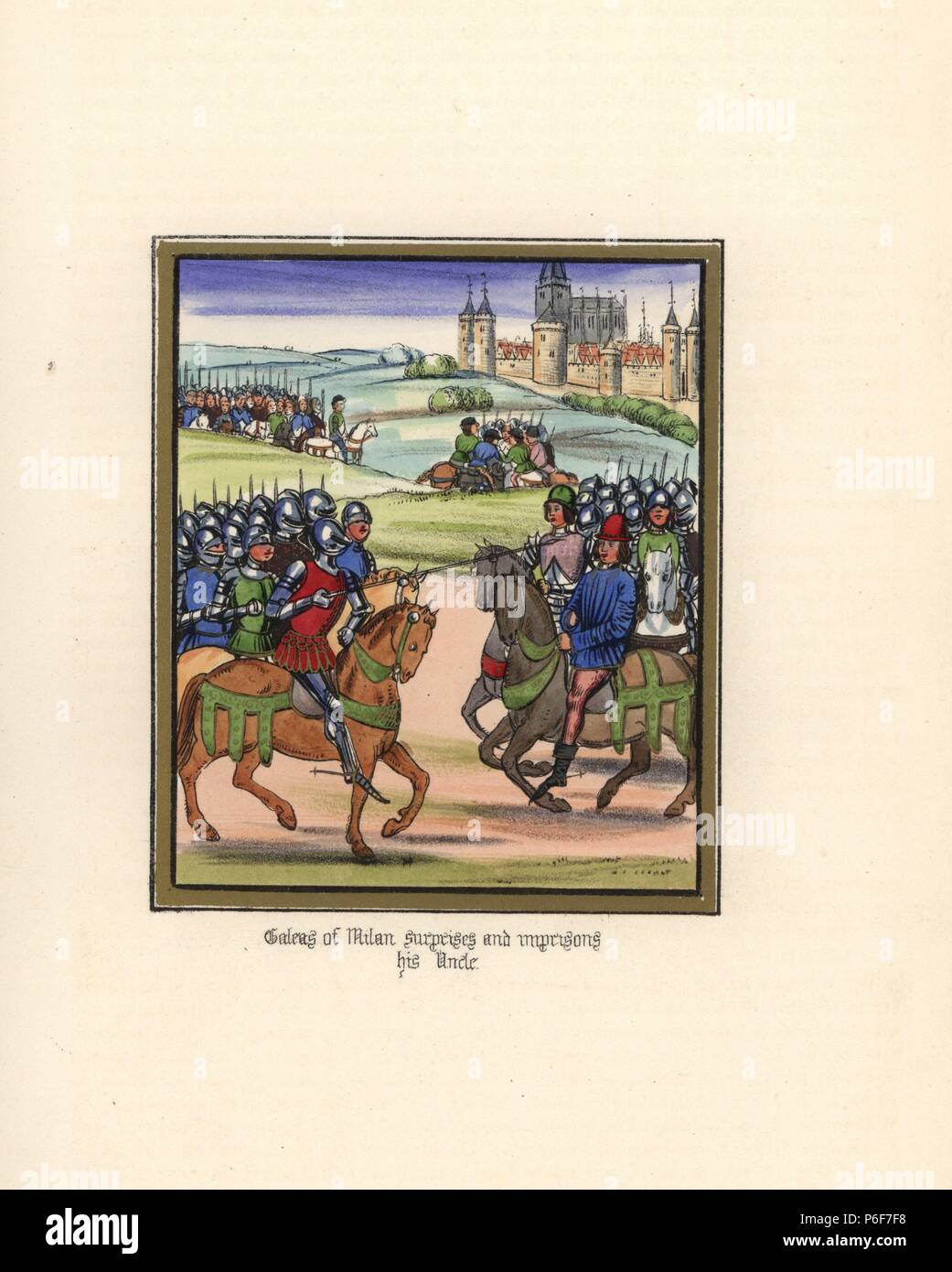 John galeasse (Gian Galeazzo Visconti, 1351-1402) Überraschungen und sperrt seinen Onkel Barnabas (Bernabo) mit nur 400 Männern erster Herzog von Mailand. Papierkörbe Lithografie nach einem beleuchteten Manuskript von Sir John's Froissart 'Chroniken von England, Frankreich, Spanien und den angrenzenden Ländern, von der zweiten Hälfte der Regierungszeit von Edward II. an der Krönung von Heinrich IV., 'George Routledge, London, 1868. Stockfoto