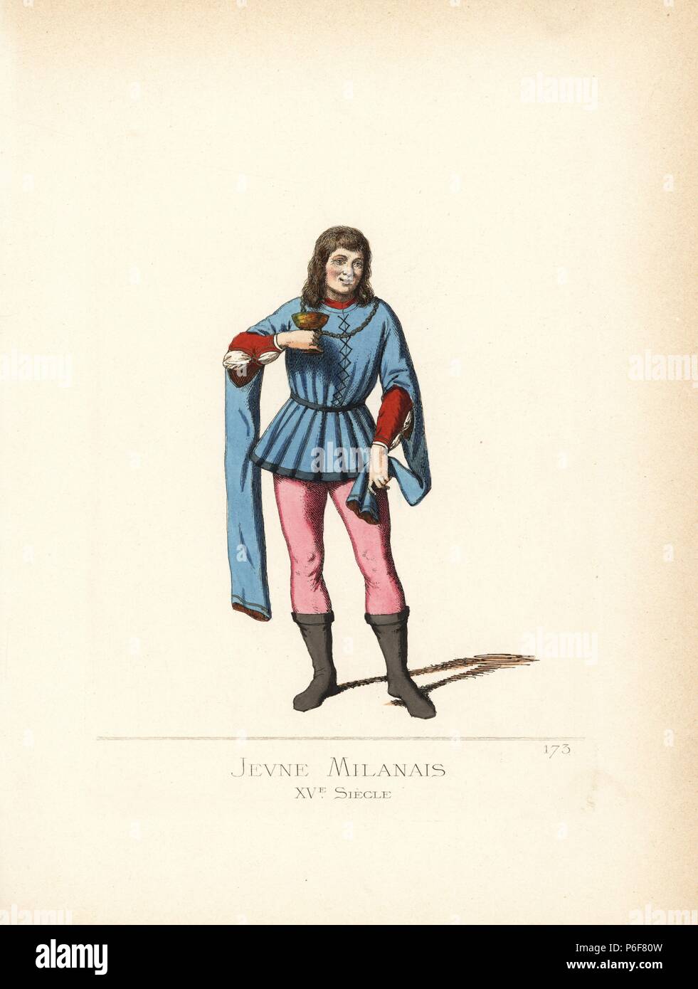 Junger Mann von Mailand, 15. Er trägt ein Geschnürtes Wams mit langen Ärmeln, über einen roten Tunika, Hose und Stiefel. Von einem flachrelief Denkmal für die La Torre Familie in der Kirche Santa Maria delle Grazie, Mailand. Papierkörbe Abbildung gezeichnet und Lithographiert von Paul Mercuri mit Text von Camille Bonnard von 'Historische Kostüme aus dem 12. bis 15. Jahrhundert, "Abschöpfung Fils, Paris, 1861. Stockfoto