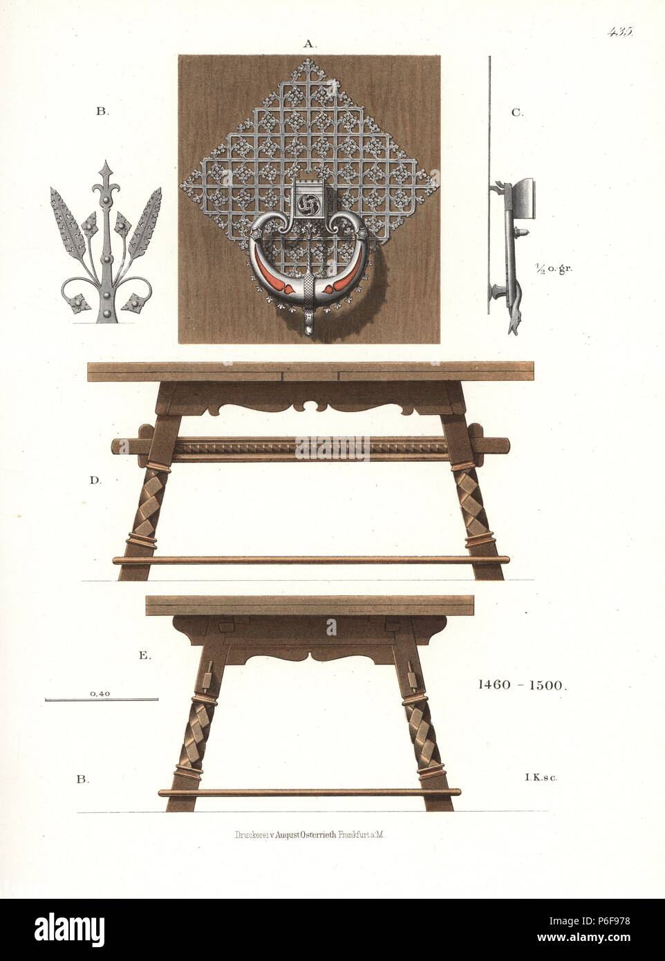 Schmiedeeisen Schmiedeeisen und einem Holztisch aus dem späten 15. Jahrhundert. Von Hefner-Alteneck Chromolithograph's 'Kostüme, Kunstwerke und Geräte vom Mittelalter bis in das 17. Jahrhundert", Frankfurt, 1889. Illustration von B, Lithographiert von I.k. Dr. Hefner-Alteneck (1811 - 1903) war eine Deutsche, die die Kuratorin des Museums, Archäologe, Kunsthistoriker, Zeichner und Kupferstecher. Stockfoto