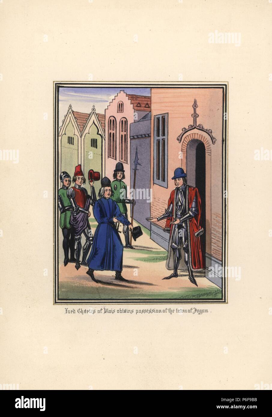 Herr Karl von Blois (1319-1364), Herzog von Bretagne, in den Besitz der Stadt und das Schloss von Jugon-les-Lacs, 1342. Papierkörbe Lithografie nach einem beleuchteten Manuskript von Sir John's Froissart 'Chroniken von England, Frankreich, Spanien und den angrenzenden Ländern, von der zweiten Hälfte der Regierungszeit von Edward II. an der Krönung von Heinrich IV., 'George Routledge, London, 1868. Stockfoto