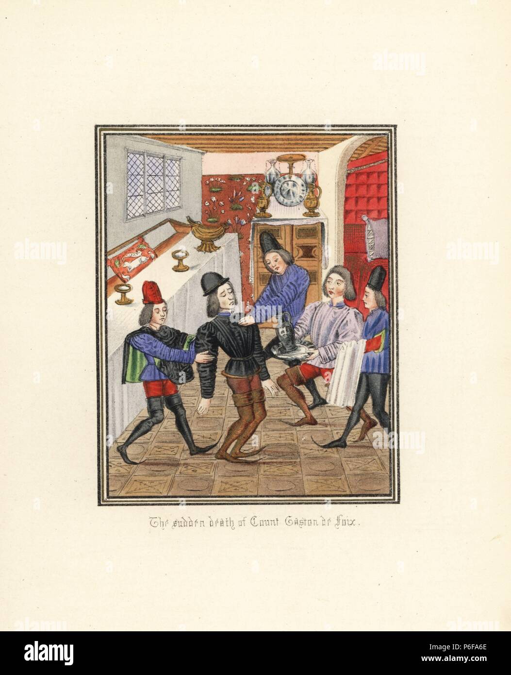 Der plötzliche Tod des Grafen Gaston de Foix, als er seine Hände waschen nach der Rückkehr von einem Bären jagen, 1391. Papierkörbe Lithografie nach einem beleuchteten Manuskript von Sir John's Froissart 'Chroniken von England, Frankreich, Spanien und den angrenzenden Ländern, von der zweiten Hälfte der Regierungszeit von Edward II. an der Krönung von Heinrich IV., 'George Routledge, London, 1868. Stockfoto