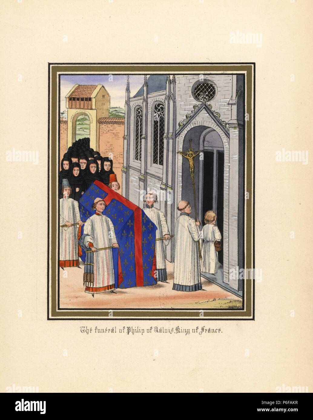 Die Beerdigung von Philipp von Valois, König von Frankreich, in Notre Dame in Paris im August 1350. Papierkörbe Lithografie nach einem beleuchteten Manuskript von Sir John's Froissart 'Chroniken von England, Frankreich, Spanien und den angrenzenden Ländern, von der zweiten Hälfte der Regierungszeit von Edward II. an der Krönung von Heinrich IV., 'George Routledge, London, 1868. Stockfoto