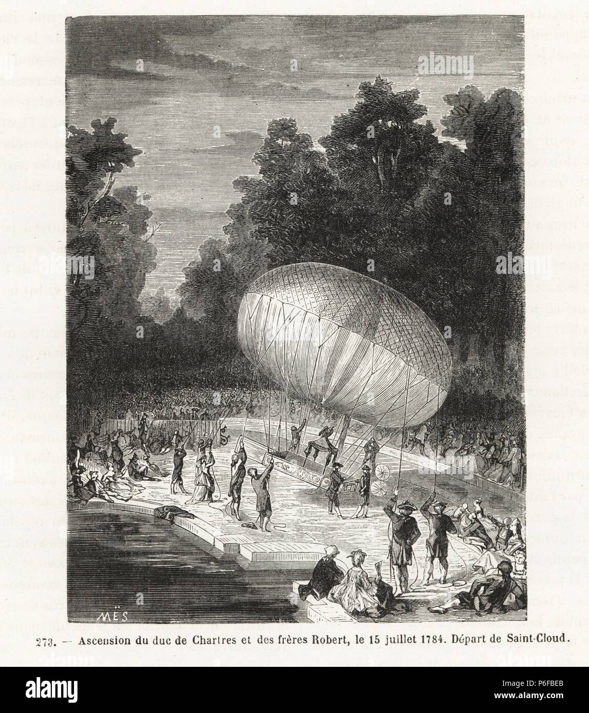 Aufstieg eines länglichen, bemannte Ballon von Professor Jacques Charles und die Brüder Robert, Anne-Jean und Nicolas-Louis, Juli 1784. Holzschnitt Kupferstich von Mes von Louis Figuier's 'Les merveilles de la Science: Aerostats" (Wunder der Wissenschaft: Luftballons), Furne, Jouvet et Cie, Paris, 1868. Stockfoto