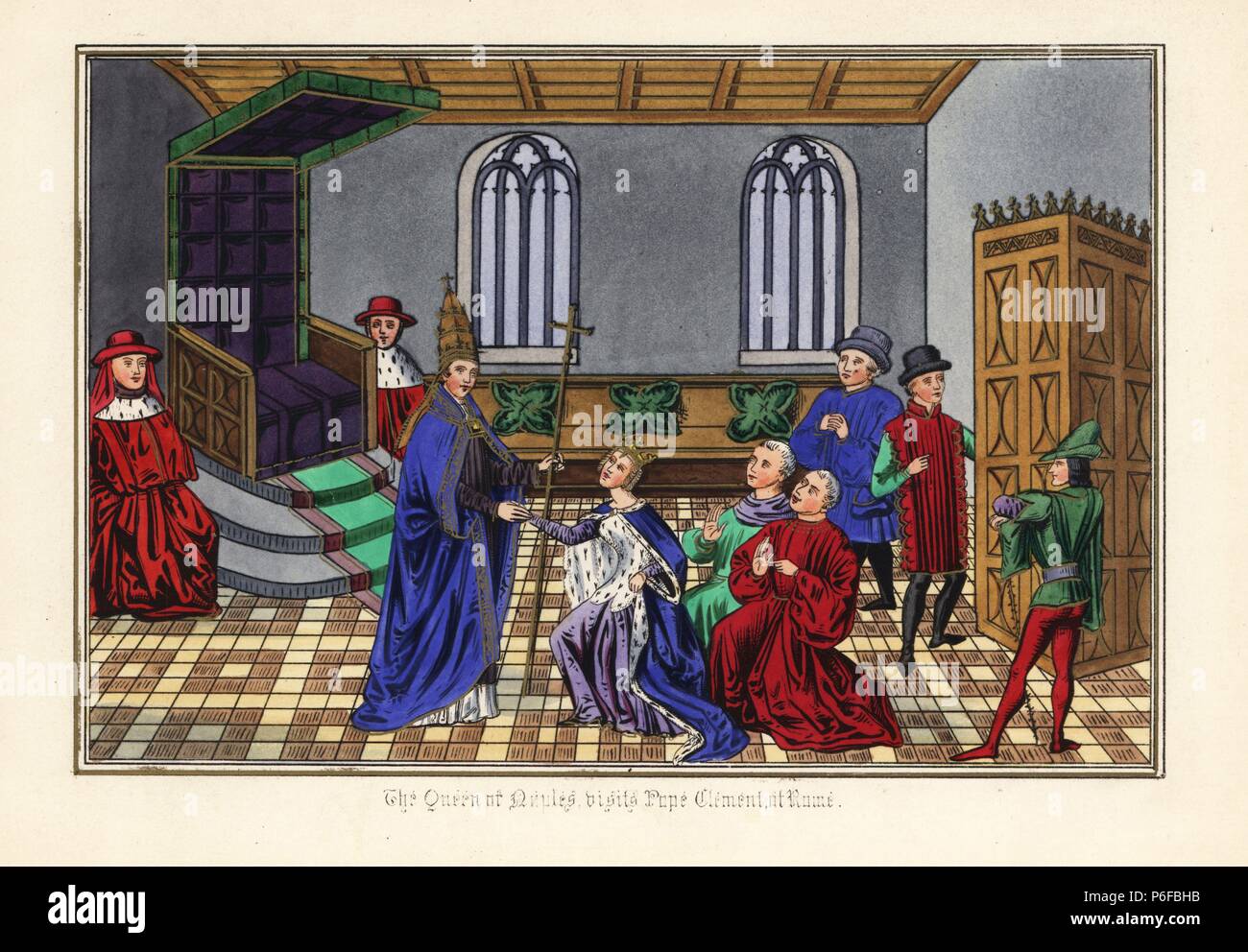 Joan I, Königin von Neapel (1328-1382), übergibt ihre Ländereien an die Französische Gegenpapst Clemens VII. (Königin von Neapel besucht Papst Clemens in Rom.) Papierkörbe Lithografie nach einem beleuchteten Manuskript von Sir John's Froissart 'Chroniken von England, Frankreich, Spanien und den angrenzenden Ländern, von der zweiten Hälfte der Regierungszeit von Edward II. an der Krönung von Heinrich IV., 'George Routledge, London, 1868. Stockfoto