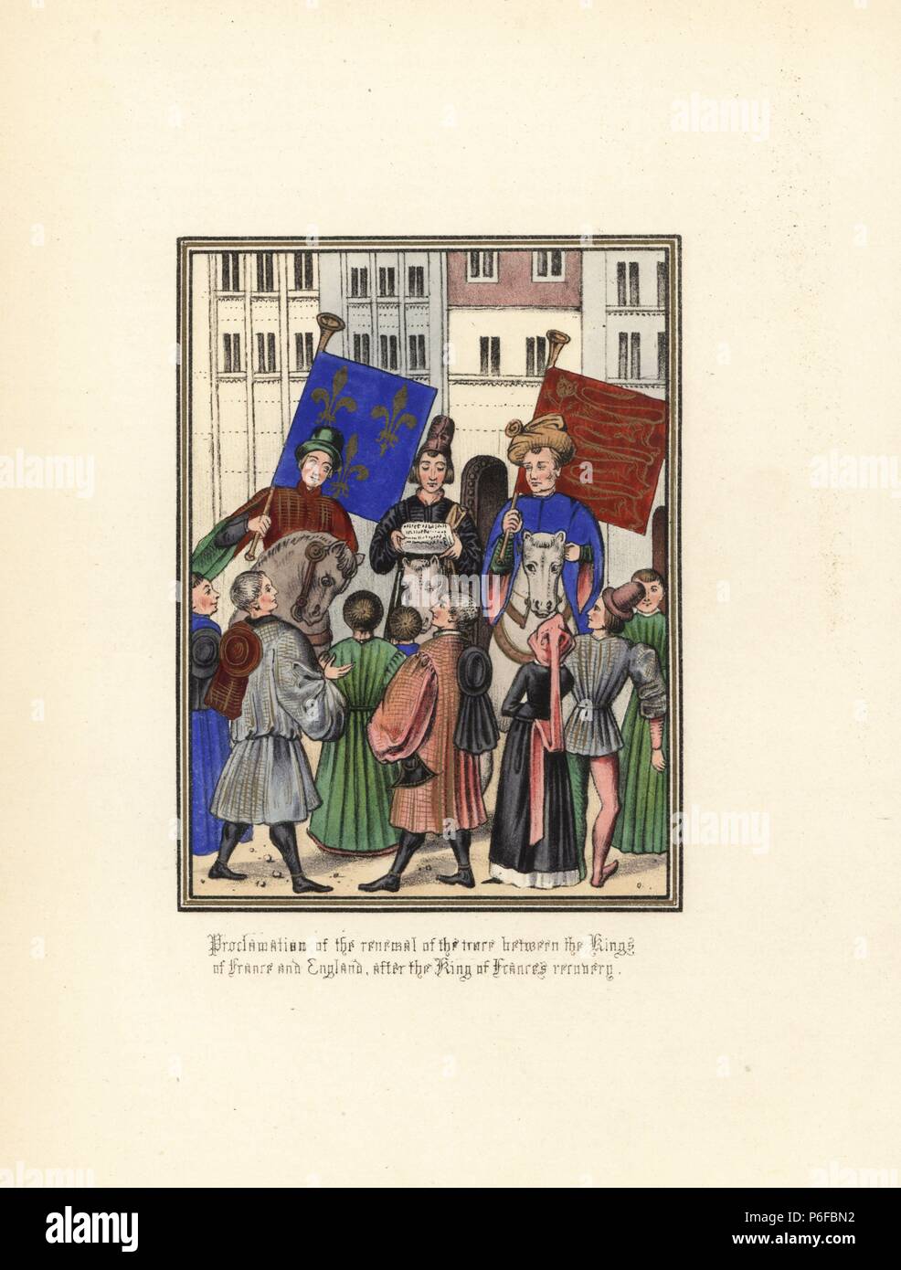 Verkündigung der Erneuerung der Waffenstillstand zwischen König Karl VI. von Frankreich und Richard II. von England, 1396, nachdem der König von Frankreich, den Aufschwung (von psychischen Erkrankungen). Papierkörbe Lithografie nach einem beleuchteten Manuskript von Sir John's Froissart 'Chroniken von England, Frankreich, Spanien und den angrenzenden Ländern, von der zweiten Hälfte der Regierungszeit von Edward II. an der Krönung von Heinrich IV., 'George Routledge, London, 1868. Stockfoto