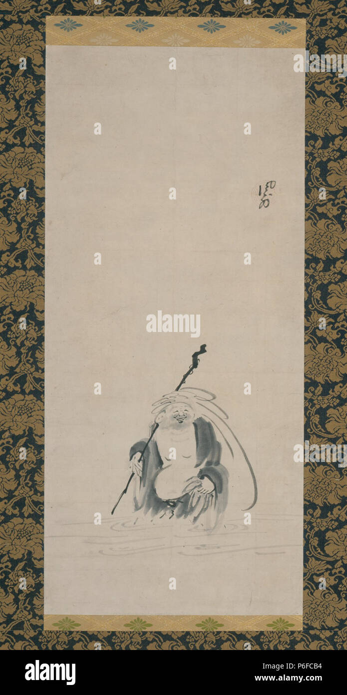 . Hotei Kreuzung einen Stream. Englisch: Japan, erste Hälfte des 17. Jahrhunderts Gemälde, blättert Hängerolle, Tusche auf Papier Bild: 26 1/2 x 12 1/8 in. (67.31 x 30.79 cm); Montage: 61 7/8 x 16 3/4 in. (157.16 x 42.54 cm) Geschenk von Murray Smith (AC 1999.253.1) Japanische Kunst. Erste Hälfte des 17. Jahrhunderts 2 Hotei Überqueren einer Stream LACMA AC 1999.253 .1 Stockfoto