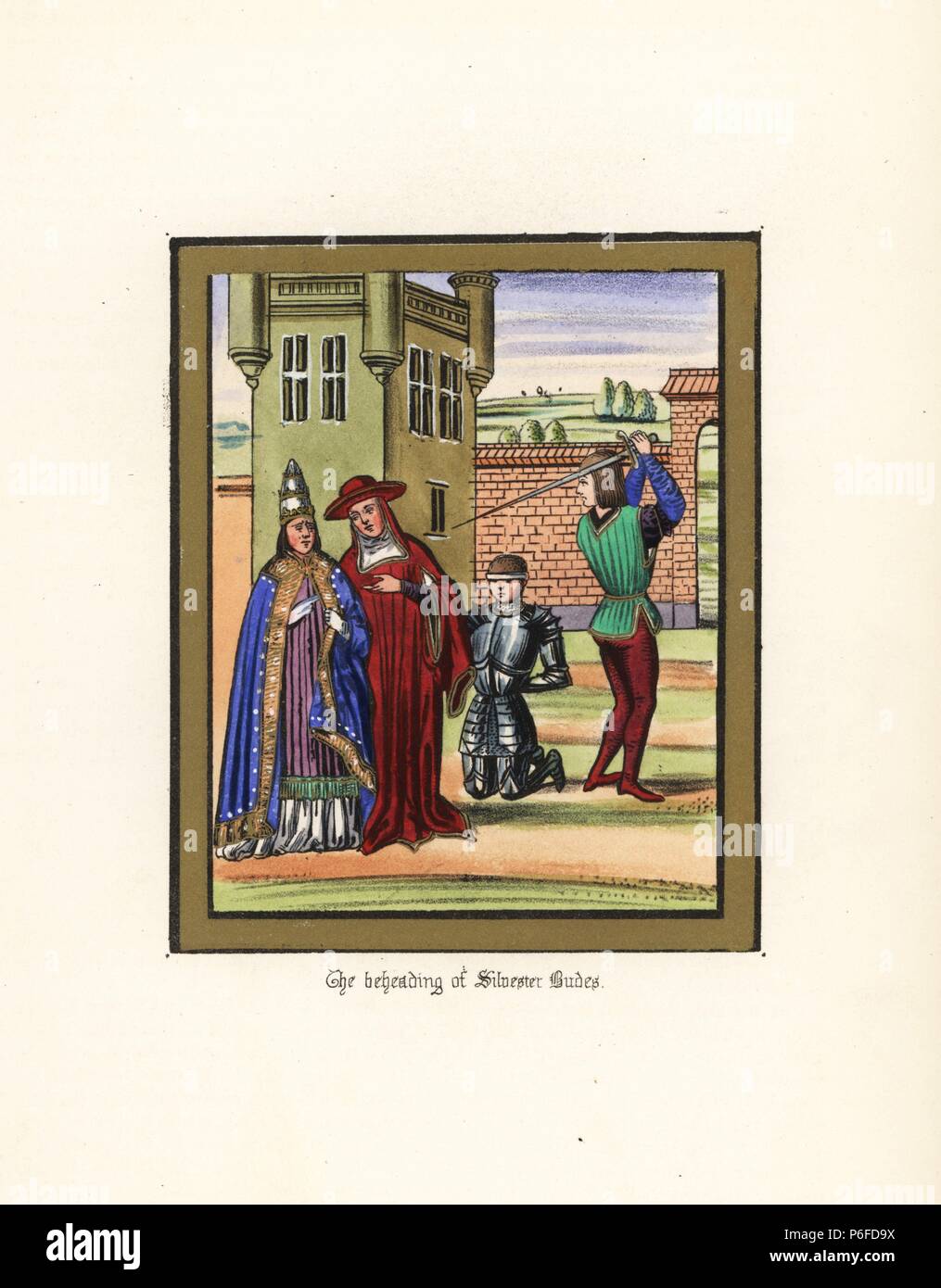 Silvester Budes, ein Söldner Führer aus der Bretagne, enthauptet in Mascon auf Befehl von Gegenpapst Clemens VII. Papierkörbe Lithografie nach einem beleuchteten Manuskript von Sir John's Froissart 'Chroniken von England, Frankreich, Spanien und den angrenzenden Ländern, von der zweiten Hälfte der Regierungszeit von Edward II. an der Krönung von Heinrich IV., 'George Routledge, London, 1868. Stockfoto