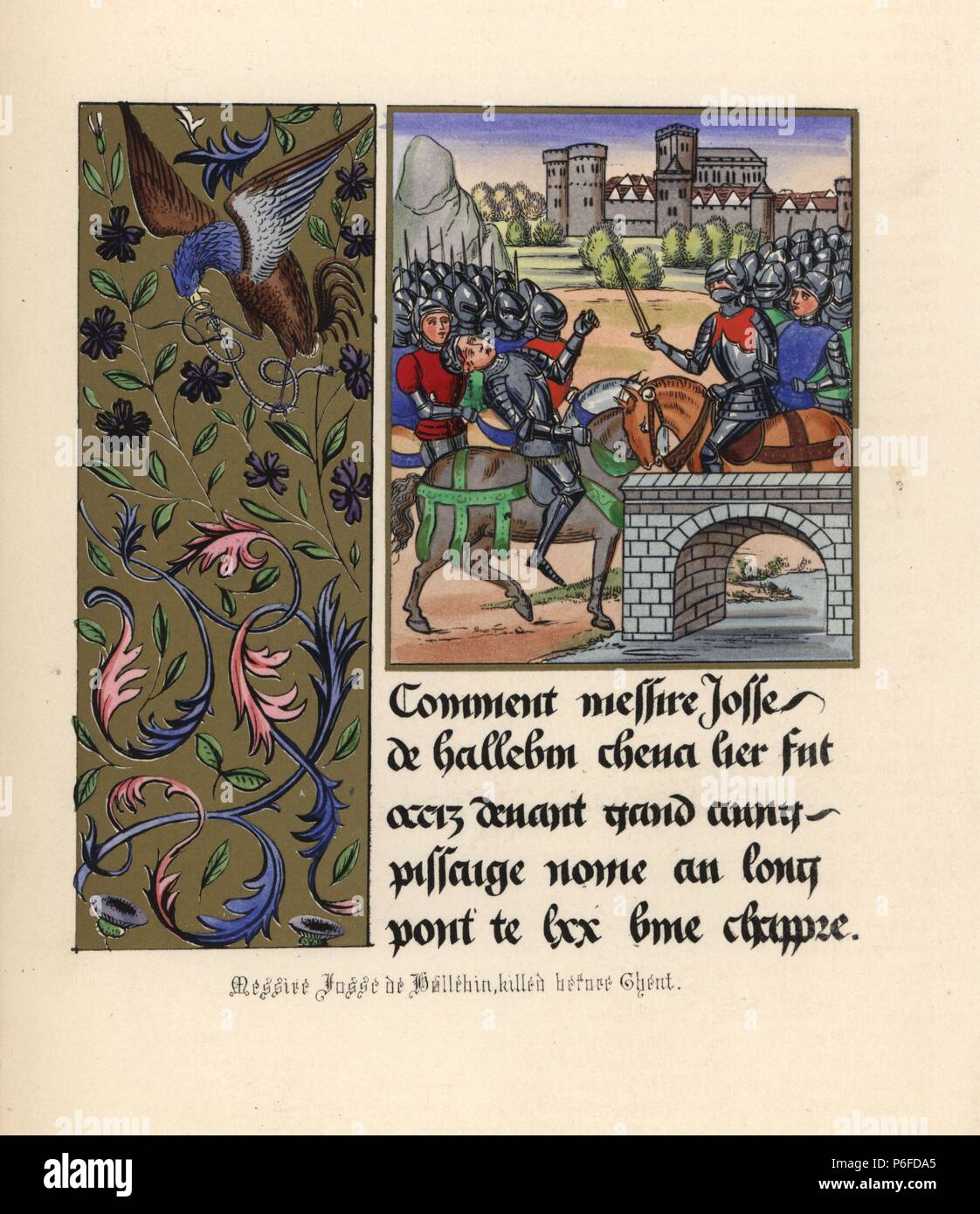 Sir Josse de Hallewin (Halluyn) getötet auf einer Brücke in Lille, in der Nähe von Gent, 1382. Beleuchtete panel mit Hawk kämpfen Schlange im Laub, handkoloriert Lithografie nach einem beleuchteten Manuskript von Sir John's Froissart 'Chroniken von England, Frankreich, Spanien und den angrenzenden Ländern, von der zweiten Hälfte der Regierungszeit von Edward II. an der Krönung von Heinrich IV., 'George Routledge, London, 1868. Stockfoto