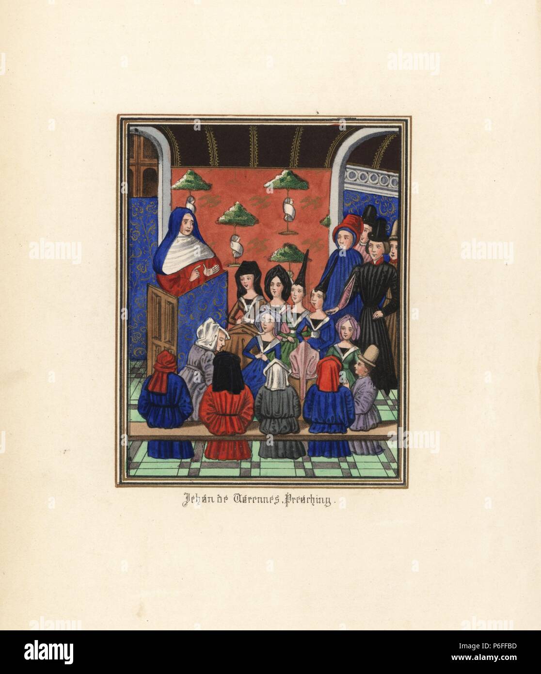 Charismatische Einsiedler Jean de Varennes (1340-1396?) Verkündigung zu einer Masse in einer Kirche. Papierkörbe Lithografie nach einem beleuchteten Manuskript von Sir John's Froissart 'Chroniken von England, Frankreich, Spanien und den angrenzenden Ländern, von der zweiten Hälfte der Regierungszeit von Edward II. an der Krönung von Heinrich IV., 'George Routledge, London, 1868. Stockfoto