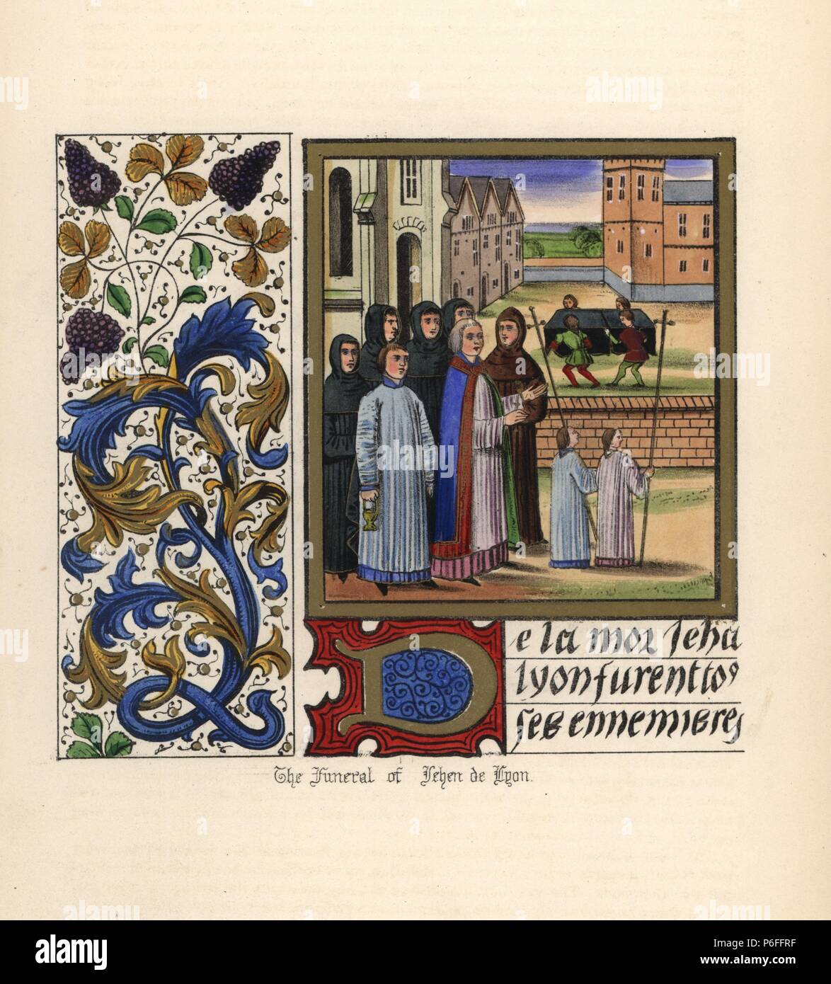Die Beerdigung von Jean Lyon in der St. Nikolaus Kirche in Gent. Vier Männer tragen eine überdachte Schatulle während Priester und Mönche beobachten. Beleuchtetes Bedienfeld mit Laub und Trauben. Papierkörbe Lithografie nach einem beleuchteten Manuskript von Sir John's Froissart 'Chroniken von England, Frankreich, Spanien und den angrenzenden Ländern, von der zweiten Hälfte der Regierungszeit von Edward II. an der Krönung von Heinrich IV., 'George Routledge, London, 1868. Stockfoto
