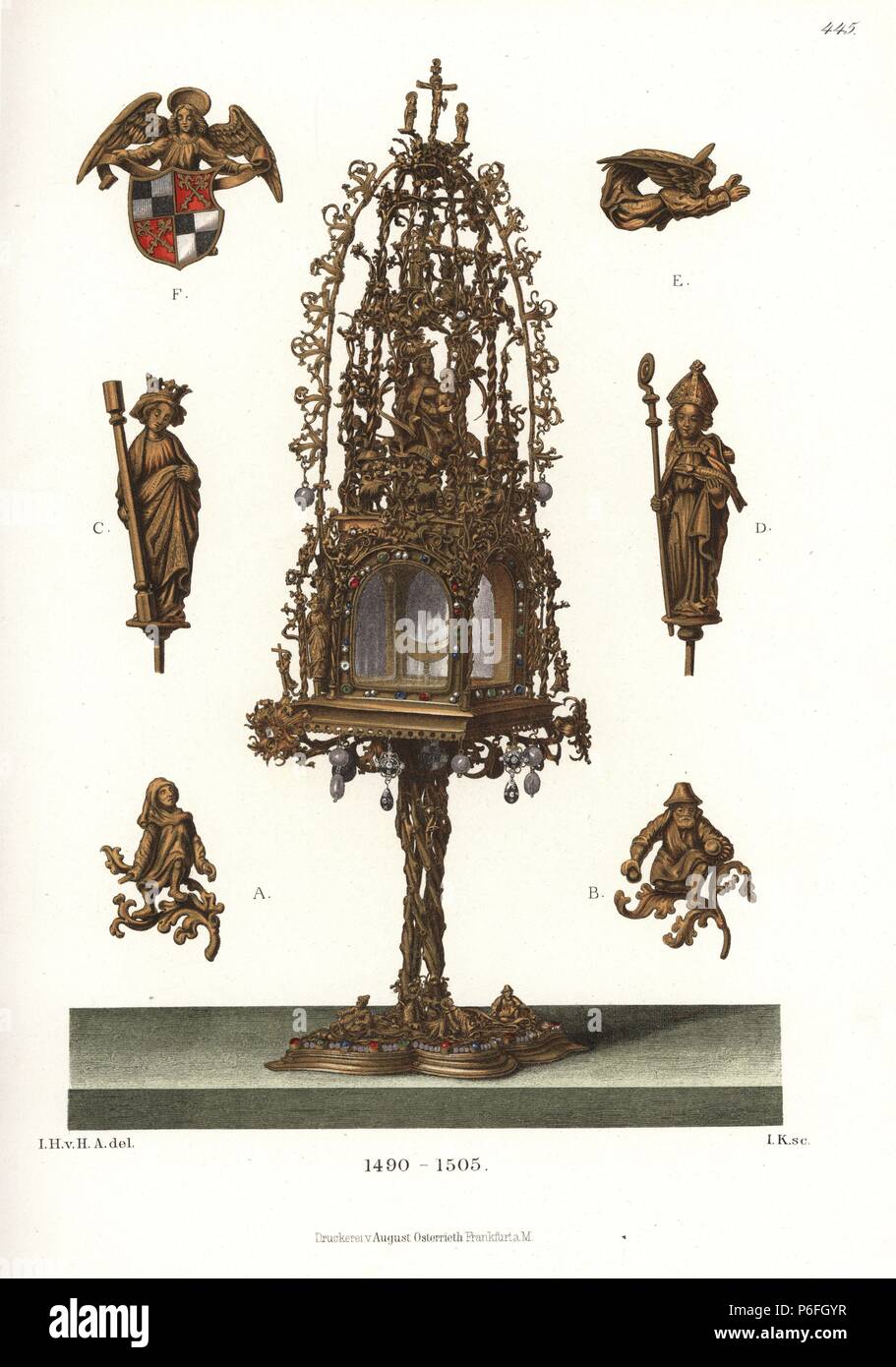 Traumhaft gestaltete Monstranz oder ostensorium mit hocken Männer (A, B), St. Afra und Sain Benno (C, D) und Engel mit Wappen (E, F) von einem Kabinett der Kuriositäten in Sigmaringen, aus dem 15. Jahrhundert. Von Hefner-Alteneck Chromolithograph's 'Kostüme, Kunstwerke und Geräte vom Mittelalter bis in das 17. Jahrhundert", Frankfurt, 1889. Illustration von Dr. Jakob Heinrich von Hefner-Alteneck, Lithographiert von I.k. Dr. Hefner-Alteneck (1811 - 1903) war eine Deutsche, die die Kuratorin des Museums, Archäologe, Kunsthistoriker, Zeichner und Kupferstecher. Stockfoto