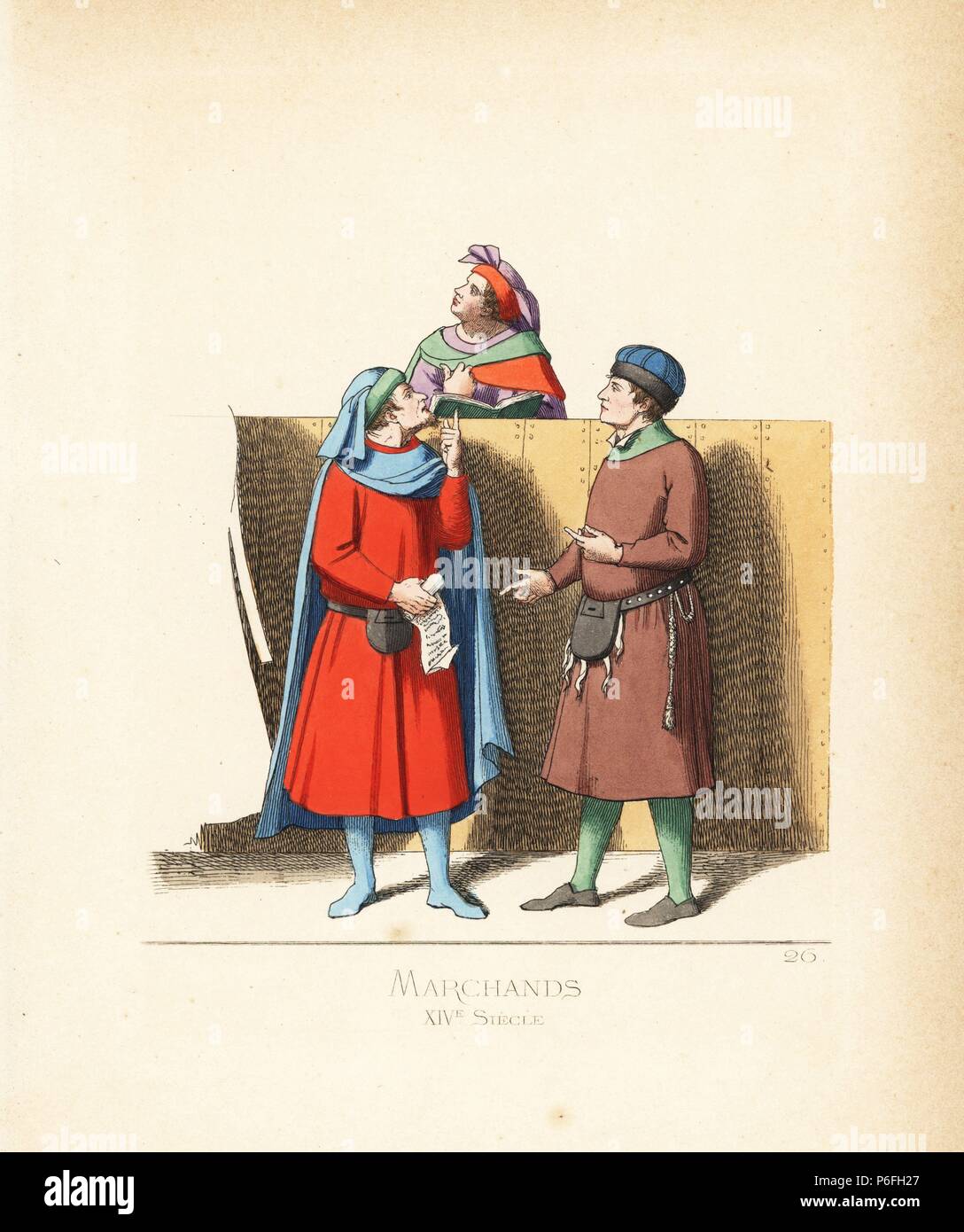 Italienische Kaufleute und eine gerichtliche Notar, 14. Der Notar trägt einen violetten und roten Motorhaube und Cape. Links Händler trägt einen blauen Umhang und Kapuze, scarlet Tunika mit Bindegürtel und Geldbeutel. Die richtigen Kaufmann in blauen Hut mit schwarzem Fell, braun Tunika, Ledergürtel und Geldbeutel. Nach einem Manuskript in Siena Bibliothek. Papierkörbe Abbildung gezeichnet und Lithographiert von Paul Mercuri mit Text von Camille Bonnard von 'Historische Kostüme aus dem 12. bis 15. Jahrhundert, "Abschöpfung Fils, Paris, 1860. Stockfoto