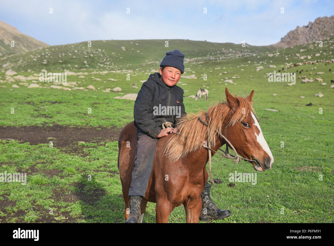 Kirgisische horserider, Jyrgalan Tal, Kirgisistan Stockfoto