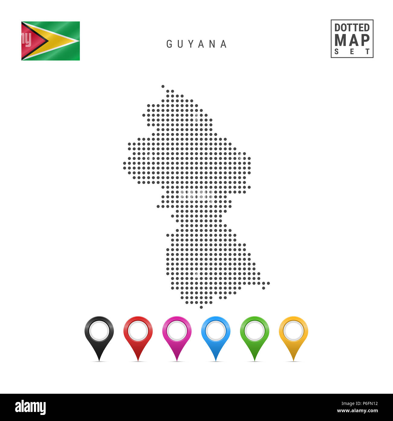 Gepunktete Karte von Guyana. Einfache Silhouette von Guyana. Die Nationalflagge von Guyana. Eingestellt von bunten Karte Markierungen. Abbildung isoliert auf weißem Backgr Stockfoto