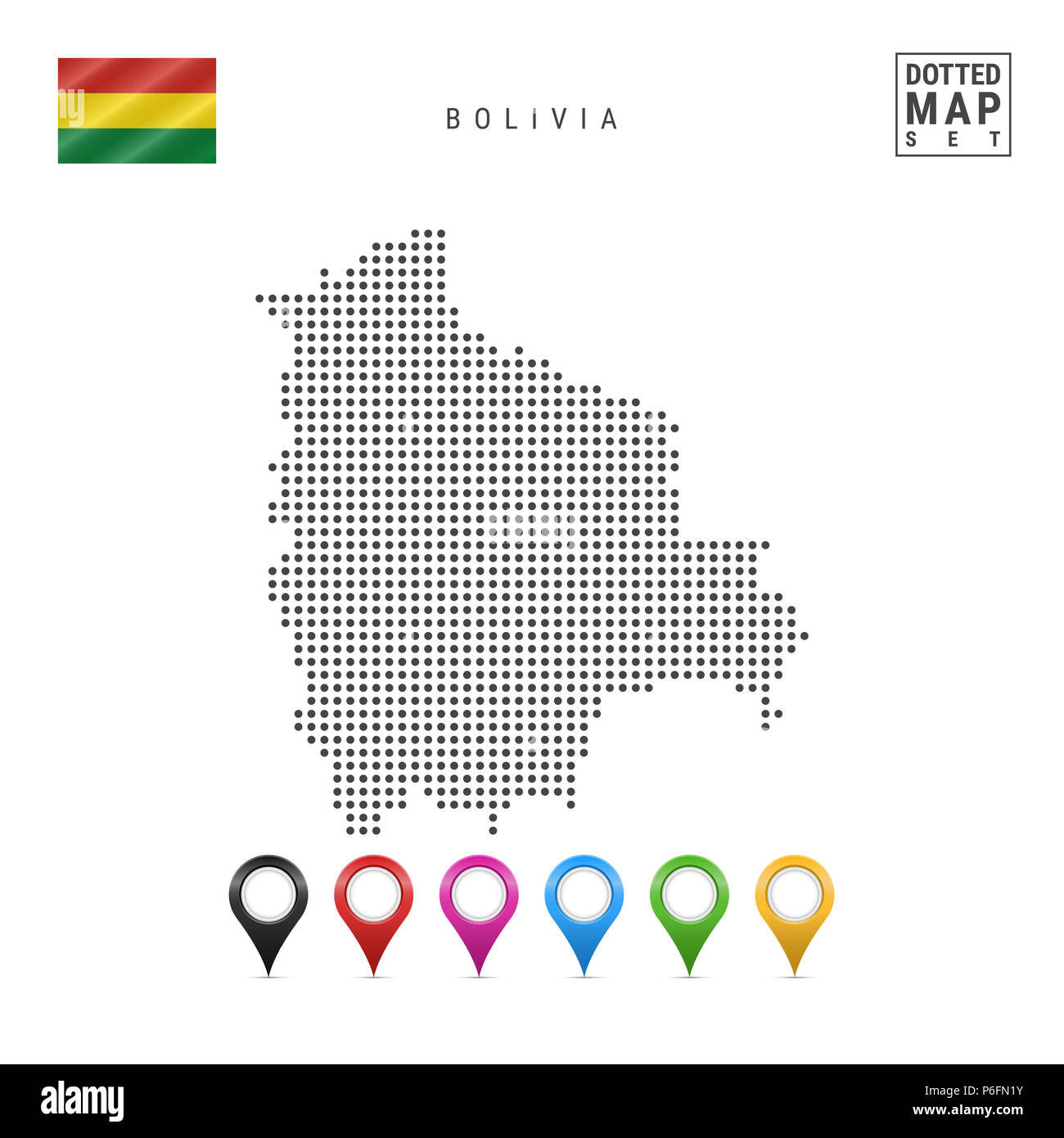 Gepunktete Karte von Bolivien. Einfache Silhouette von Bolivien. Die Nationalflagge von Bolivien. Eingestellt von bunten Karte Markierungen. Abbildung isoliert auf weißem Bac Stockfoto