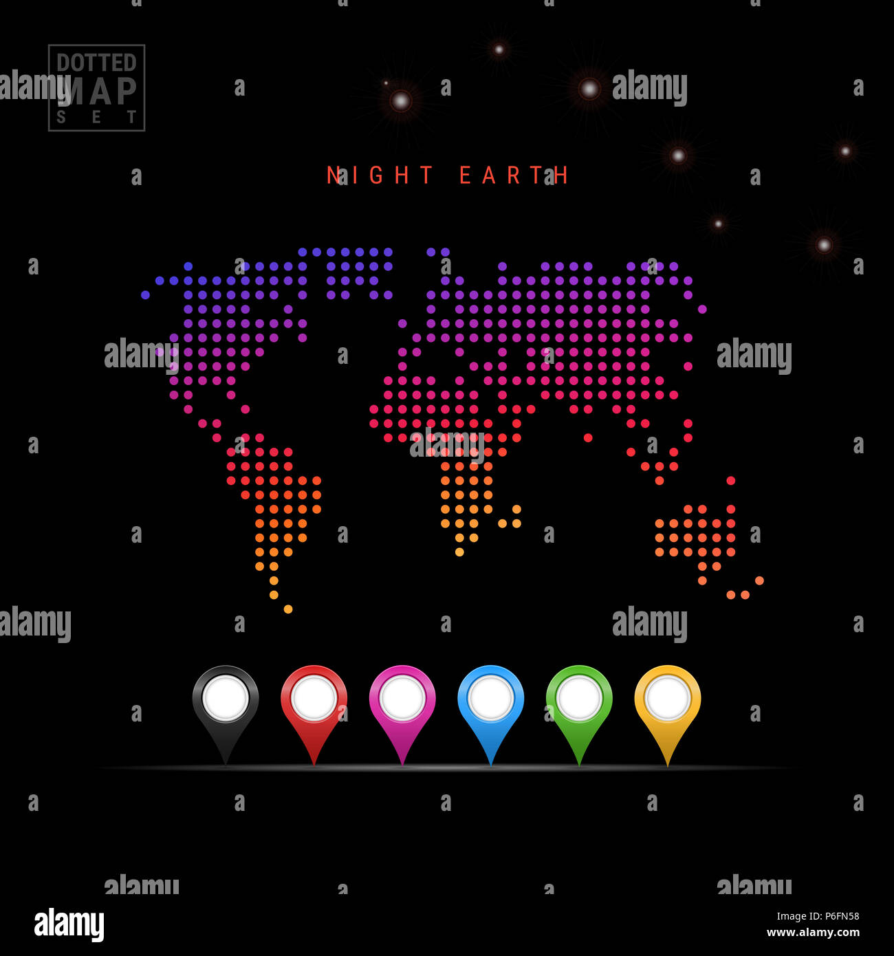 Dots Pattern Map der Nacht der Erde. Stilisierte Silhouette der Welt. Ursa Major Konstellation. Eingestellt von bunten Karte Markierungen. Abbildung auf Isolierte Stockfoto