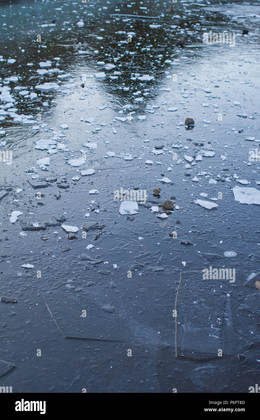 Gefrorenen Teich Wasser Uk kaltem Wetter eisigen Winter Kälteeinbruch Eis auf der Oberfläche des gefrorenen Teich Stockfoto