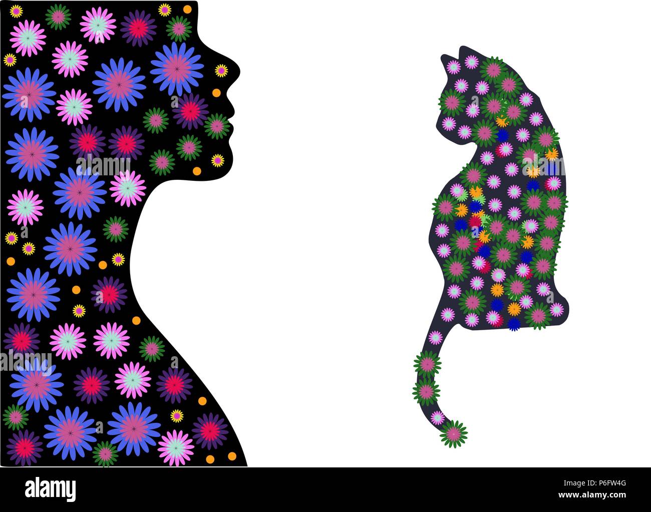 Schwarze weibliche Silhouette im Profil. Bunte ethnische Perlen und Blumen Stock Vektor