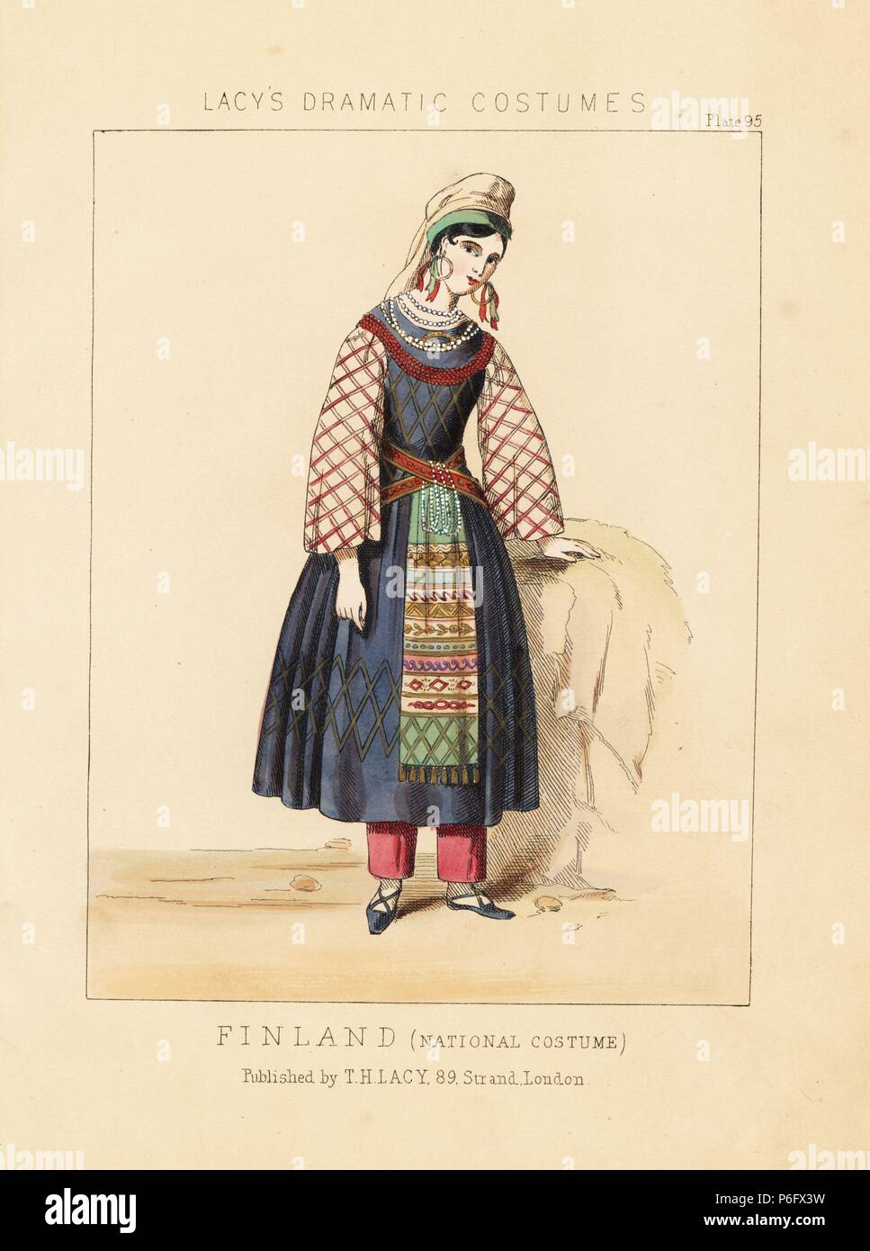 Finnische Mädchen in Tracht, 19. Papierkörbe Lithographie von Thomas Hailes Lacy's 'weibliche Kostüme historischen, nationalen und Dramatische in 200 Platten", London, 1865. Lacy (1809-1873) war ein britischer Schauspieler, Dramatiker, theatralischen Manager und Verleger. Stockfoto