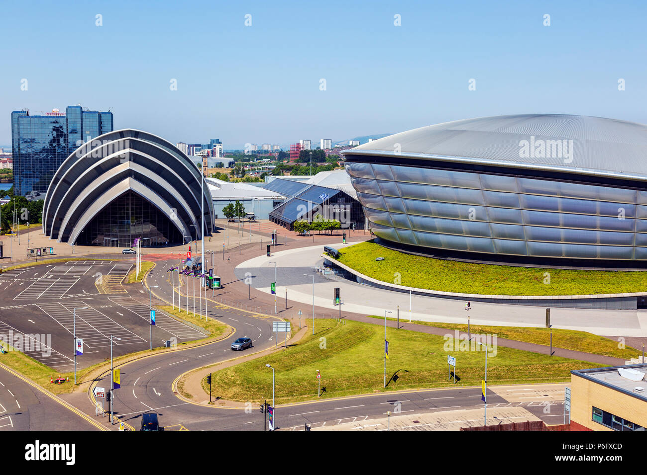 Schottischen Ausstellungs- und Konferenzzentrum SECC, bekannt als das Gürteltier wegen seiner Form und des von der Hydrostatik-Einheit Konzerthalle, Anderston, Glasgow, Schottland Stockfoto