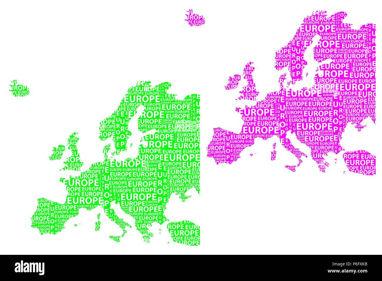 Skizze Europa schreiben Text Kontinent, Europa Wort - in der Form des Kontinents, Karte von Kontinent Europa - grün und lila Vector Illustration Stock Vektor