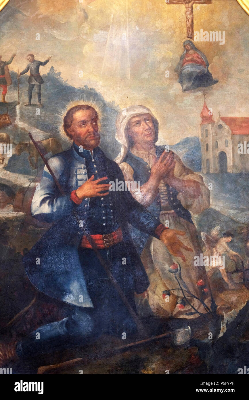 Saint Isidore und Maria Torribia, Altarbild in der Kirche der Himmelfahrt der Jungfrau Maria in Pokupsko, Kroatien Stockfoto
