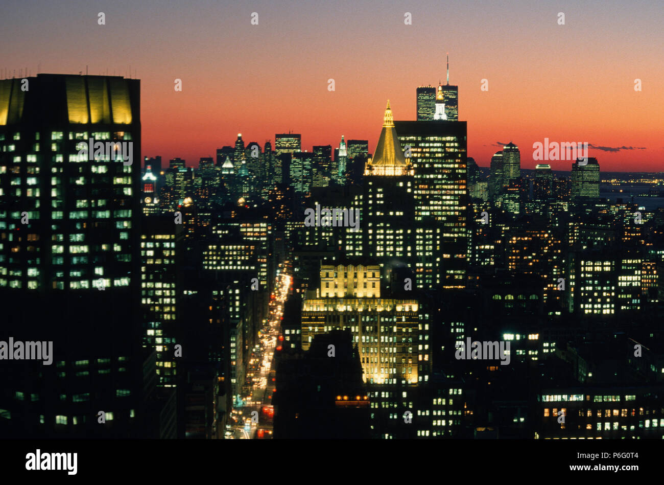 Dämmerung, Blick nach Süden, 1997, Midtown und Downtown Manhattan, New York City, USA Stockfoto