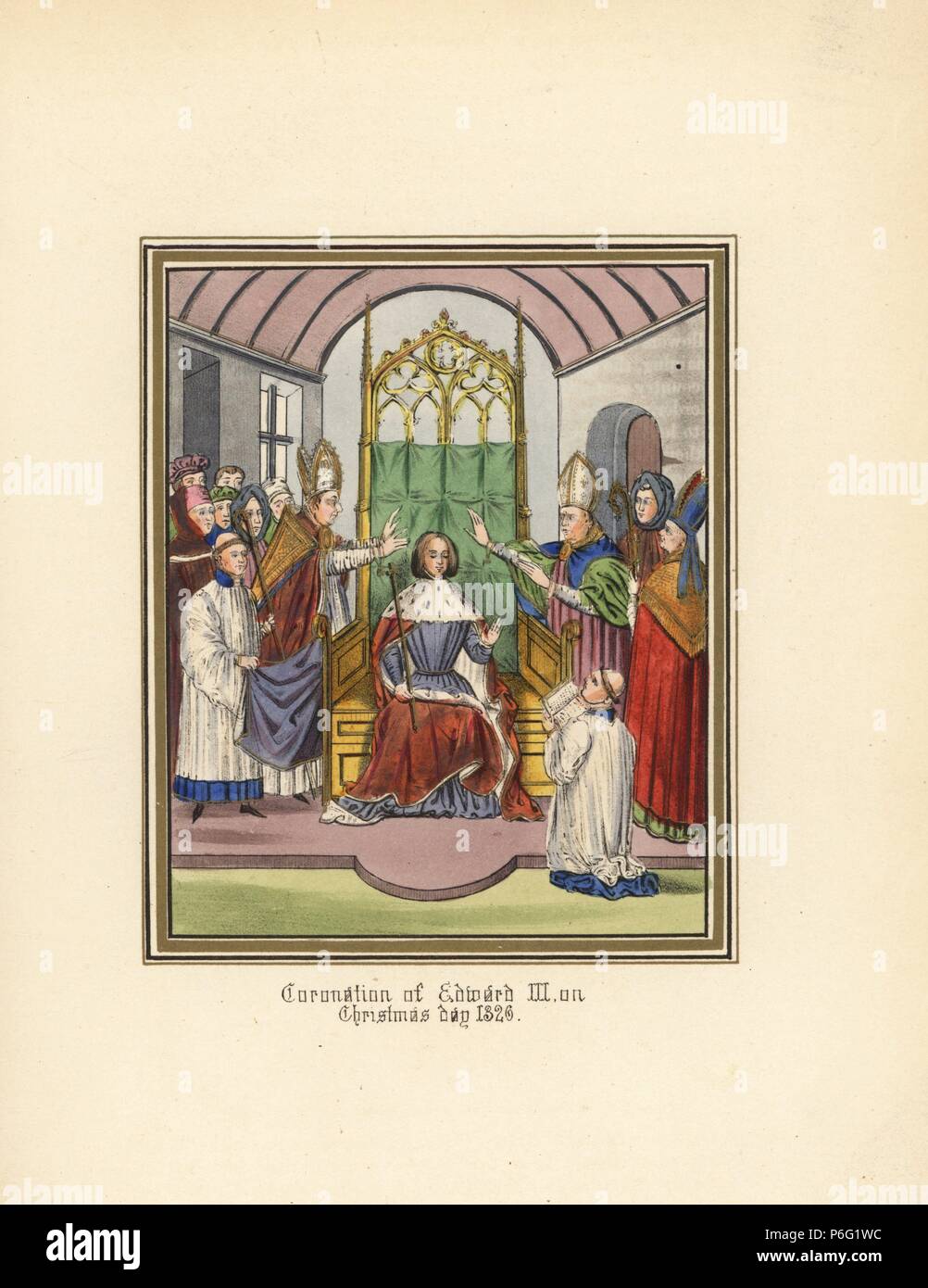 Die Krönung von König Edward III am Weihnachtstag 1326 in Westminster Palace. Papierkörbe Lithografie nach einem beleuchteten Manuskript von Sir John's Froissart 'Chroniken von England, Frankreich, Spanien und den angrenzenden Ländern, von der zweiten Hälfte der Regierungszeit von Edward II. an der Krönung von Heinrich IV., 'George Routledge, London, 1868. Stockfoto
