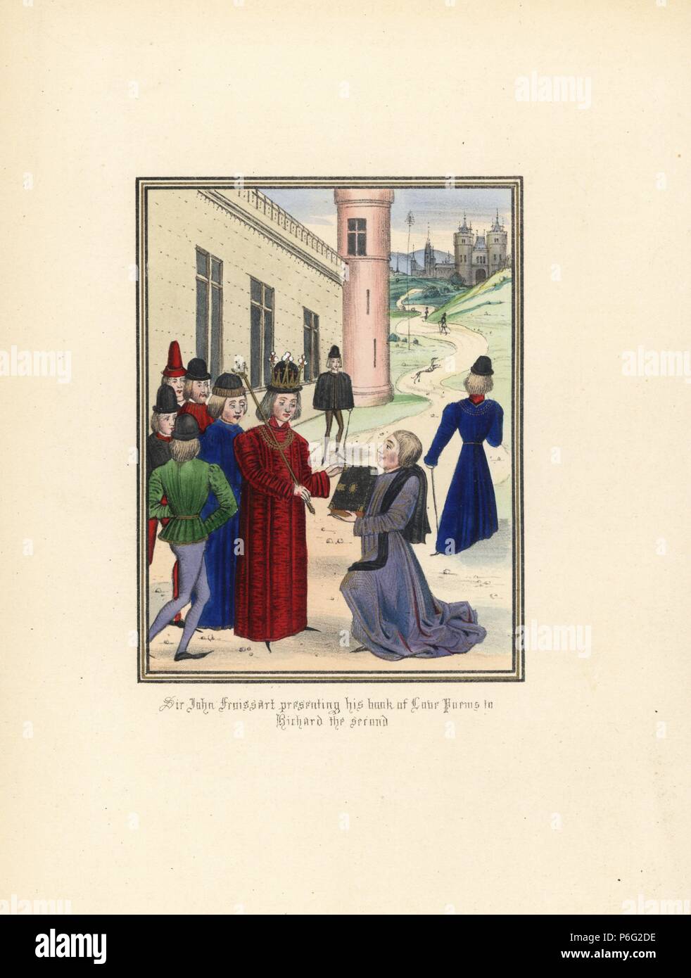 Sir John froissart (c.1337-C 1405), präsentiert sein Buch der Liebe Gedichte zu König Richard II., 1395. Papierkörbe Lithografie nach einem beleuchteten Manuskript von Sir John's Froissart 'Chroniken von England, Frankreich, Spanien und den angrenzenden Ländern, von der zweiten Hälfte der Regierungszeit von Edward II. an der Krönung von Heinrich IV., 'George Routledge, London, 1868. Stockfoto
