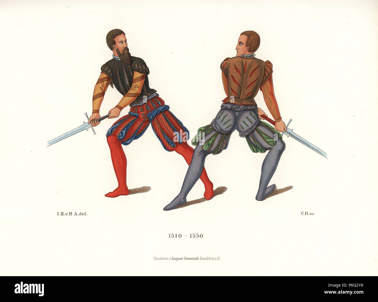 Swordfight durch Fechter mit zwei Schwerter, aus dem 16. Jahrhundert. Sie  tragen zerschnitten Dubletten über zerschnitten Culottes und Strümpfe und  codpieces. Von Joachim Meyer's "Gründliche Beschreibungen der Kunst des  Fechtens", 1561. Von