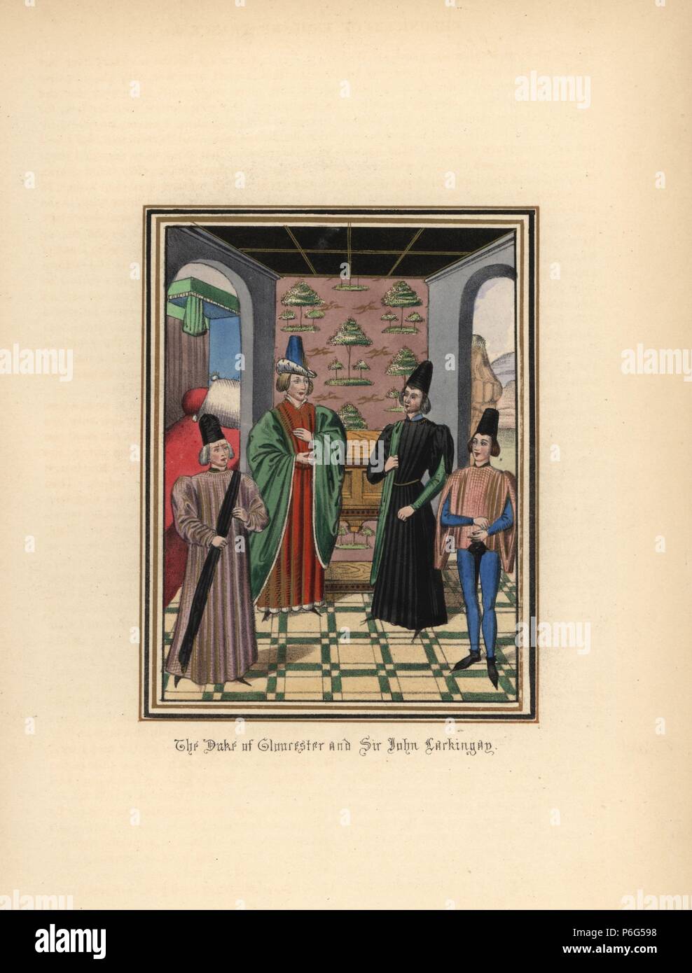 Thomas Woodcock, Herzog von Gloucester, und seine vertrauliche Berater Sir John Lackingay Plotten der Zerstörung von König Richard II., 1396. Papierkörbe Lithografie nach einem beleuchteten Manuskript von Sir John's Froissart 'Chroniken von England, Frankreich, Spanien und den angrenzenden Ländern, von der zweiten Hälfte der Regierungszeit von Edward II. an der Krönung von Heinrich IV., 'George Routledge, London, 1868. Stockfoto