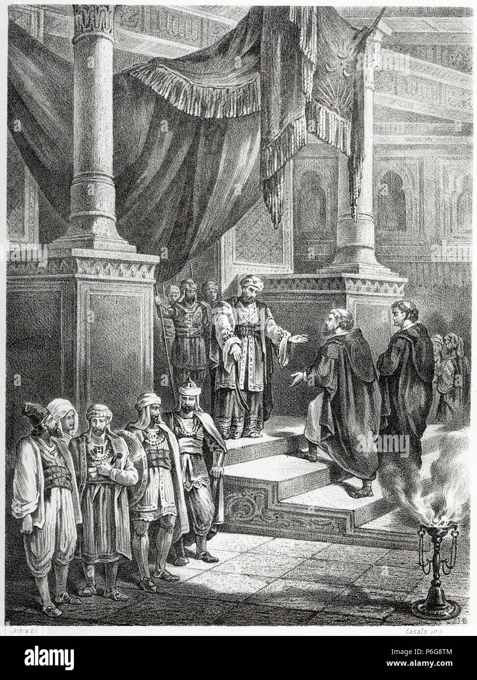 Historia de España. El califa Abderrahman III recibe ein Los embajadores del rey Othon ich de Alemania en el año 959. Grabado de 1872. Stockfoto